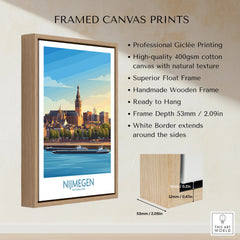 Framed canvas print with Nijmegen cityscape, float wooden frame, canvas wall art details