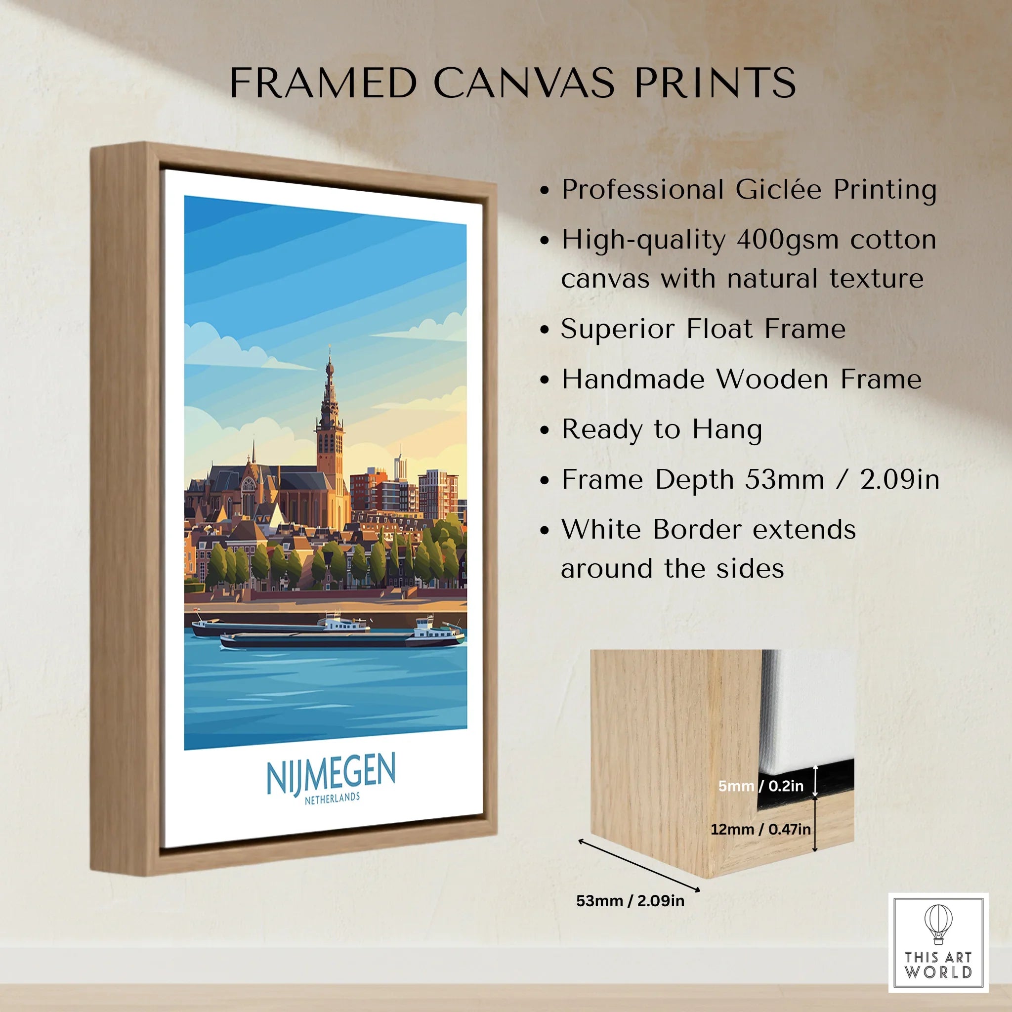 Framed canvas print with Nijmegen cityscape, float wooden frame, canvas wall art details