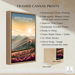 Framed canvas print of North York Moors National Park with wooden float frame and sunset landscape.