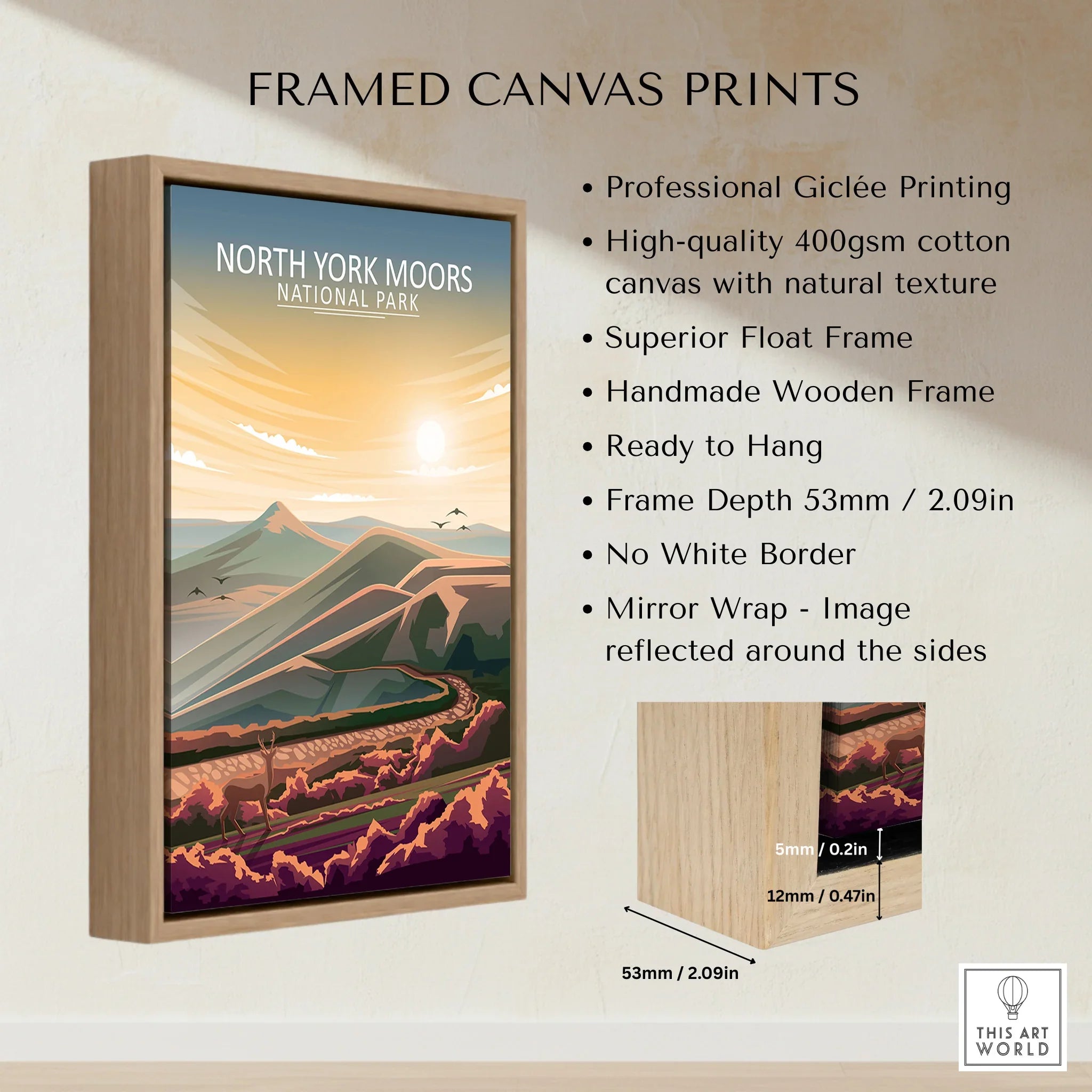 Framed canvas print of North York Moors National Park with wooden float frame and sunset landscape.
