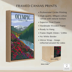 Framed canvas print of Olympic National Park landscape with wildflowers, float frame details.