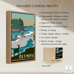 Framed canvas print of Olympic National Park with float frame, sunset, ocean, and deer illustration