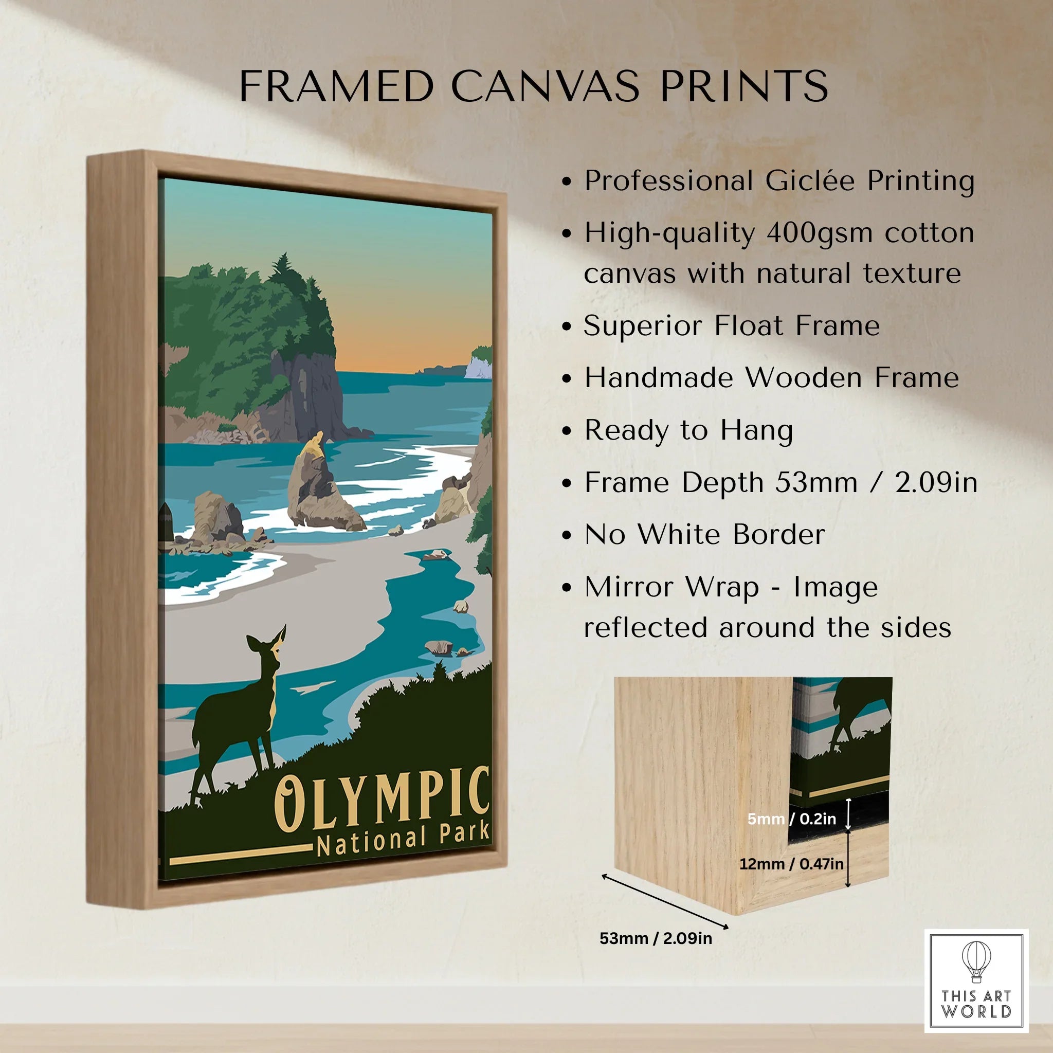 Framed canvas print of Olympic National Park with float frame, sunset, ocean, and deer illustration