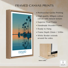 Oxnard California Poster | Scenic Pacific Marina Canvas Print displayed in a framed canvas print with wooden border.