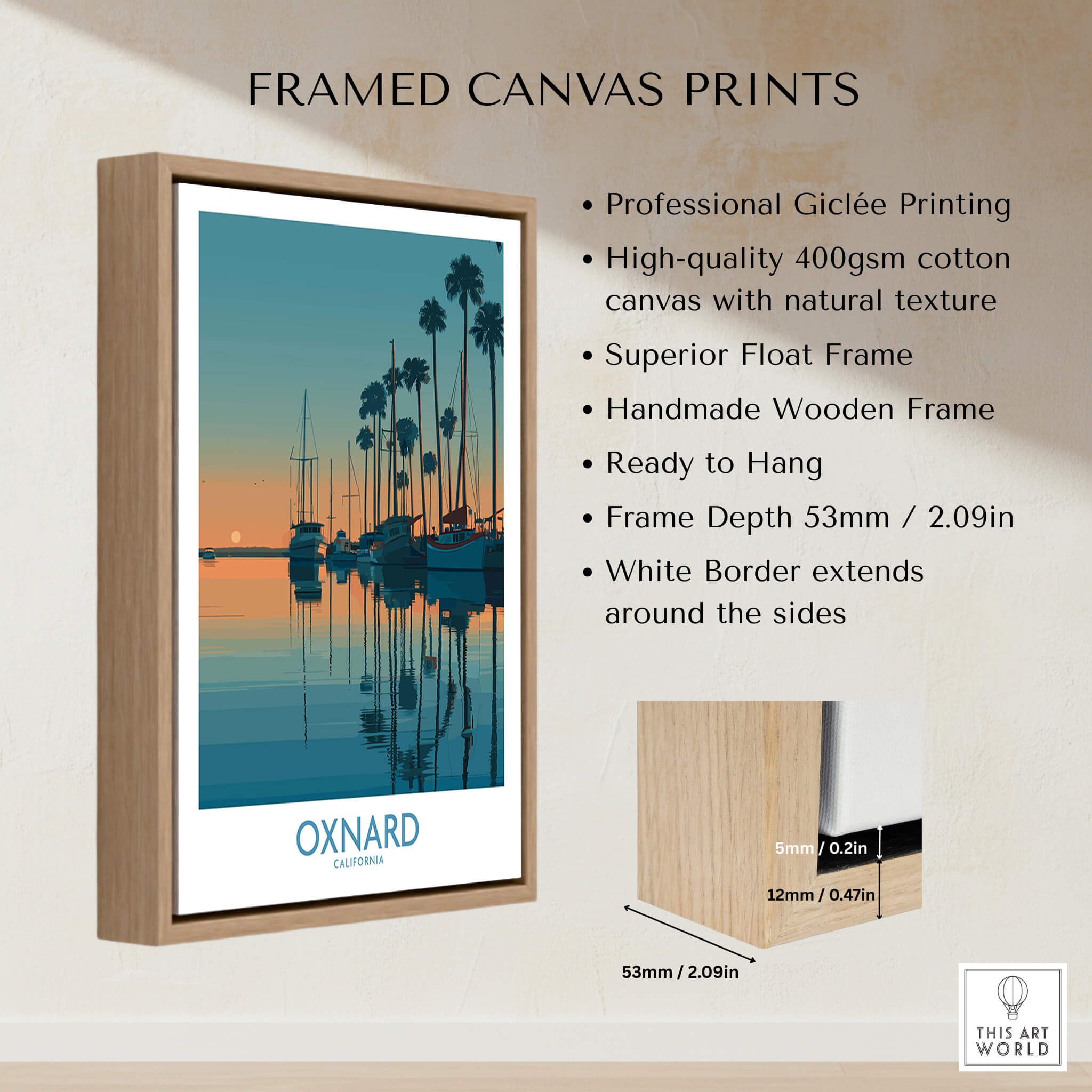 Oxnard California Poster | Scenic Pacific Marina Canvas Print displayed in a framed canvas print with wooden border.