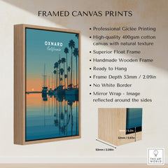 Oxnard California Wall Art Print | Sunset Harbor & Sailboats Travel Poster displayed in a framed canvas print.