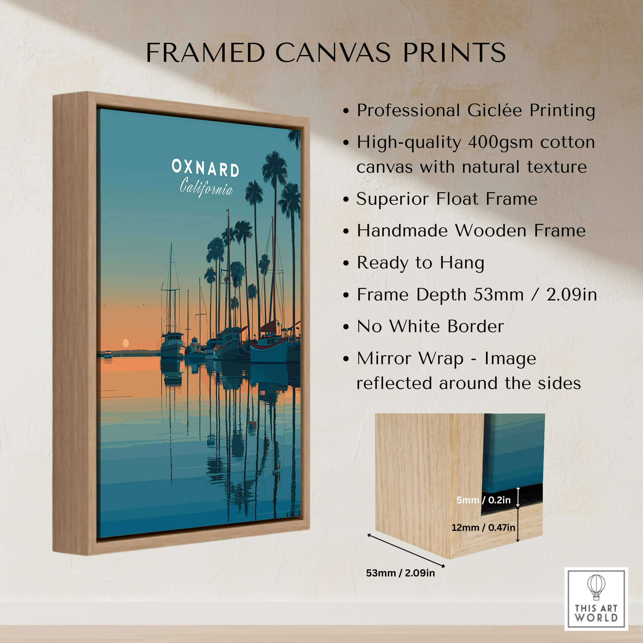 Oxnard California Wall Art Print | Sunset Harbor & Sailboats Travel Poster displayed in a framed canvas print.