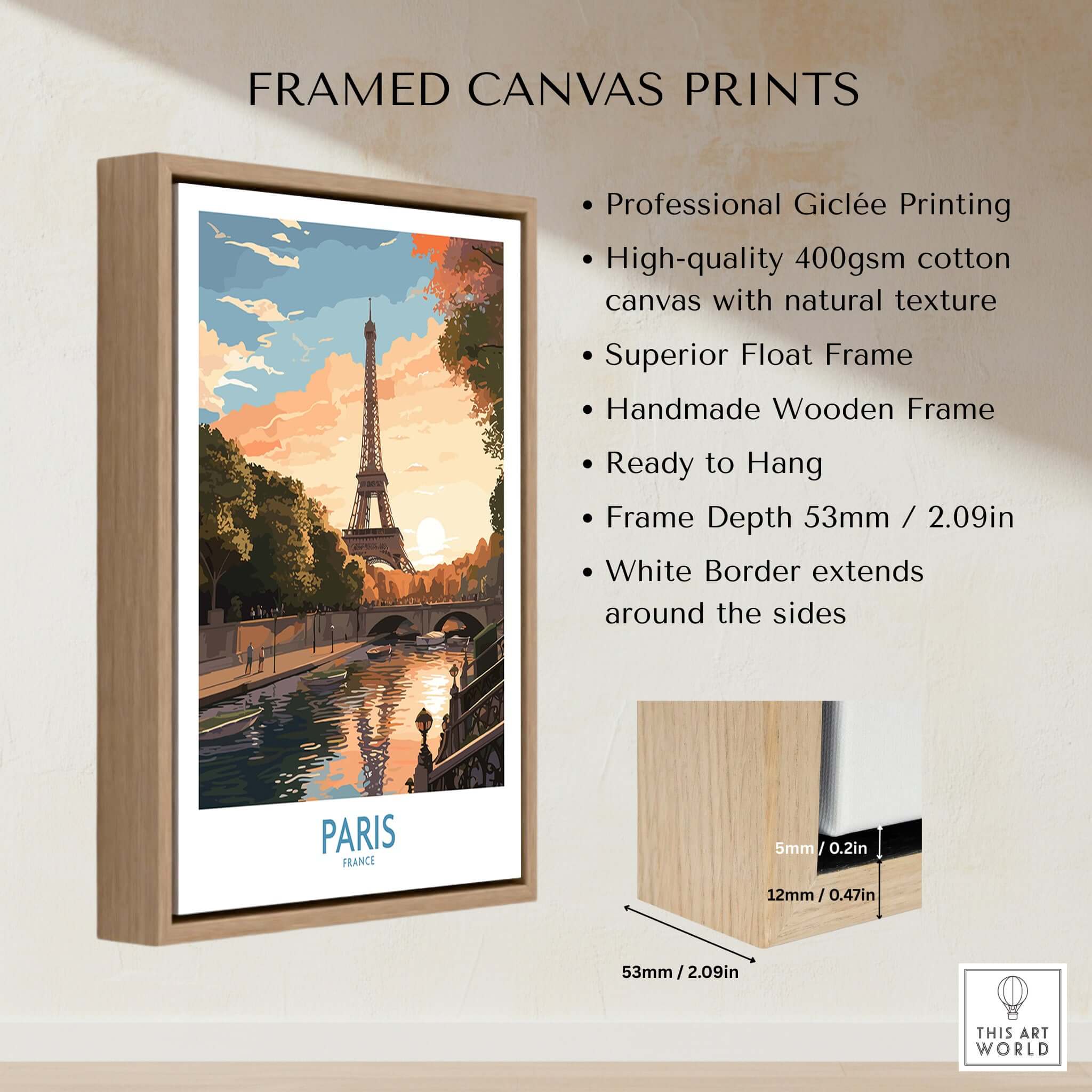 Framed Paris Art Print showcasing the Eiffel Tower at sunset with a natural texture canvas in a wooden frame.