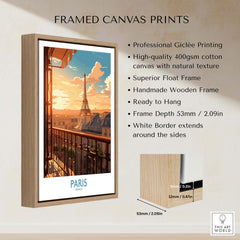 Paris Wall Art | Modern Style Framed Canvas Print featuring Eiffel Tower with vibrant sunset colors.