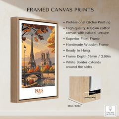 Paris France Autumn Seine River Art Print | Eiffel Tower and Notre Dame Poster in a wooden frame.