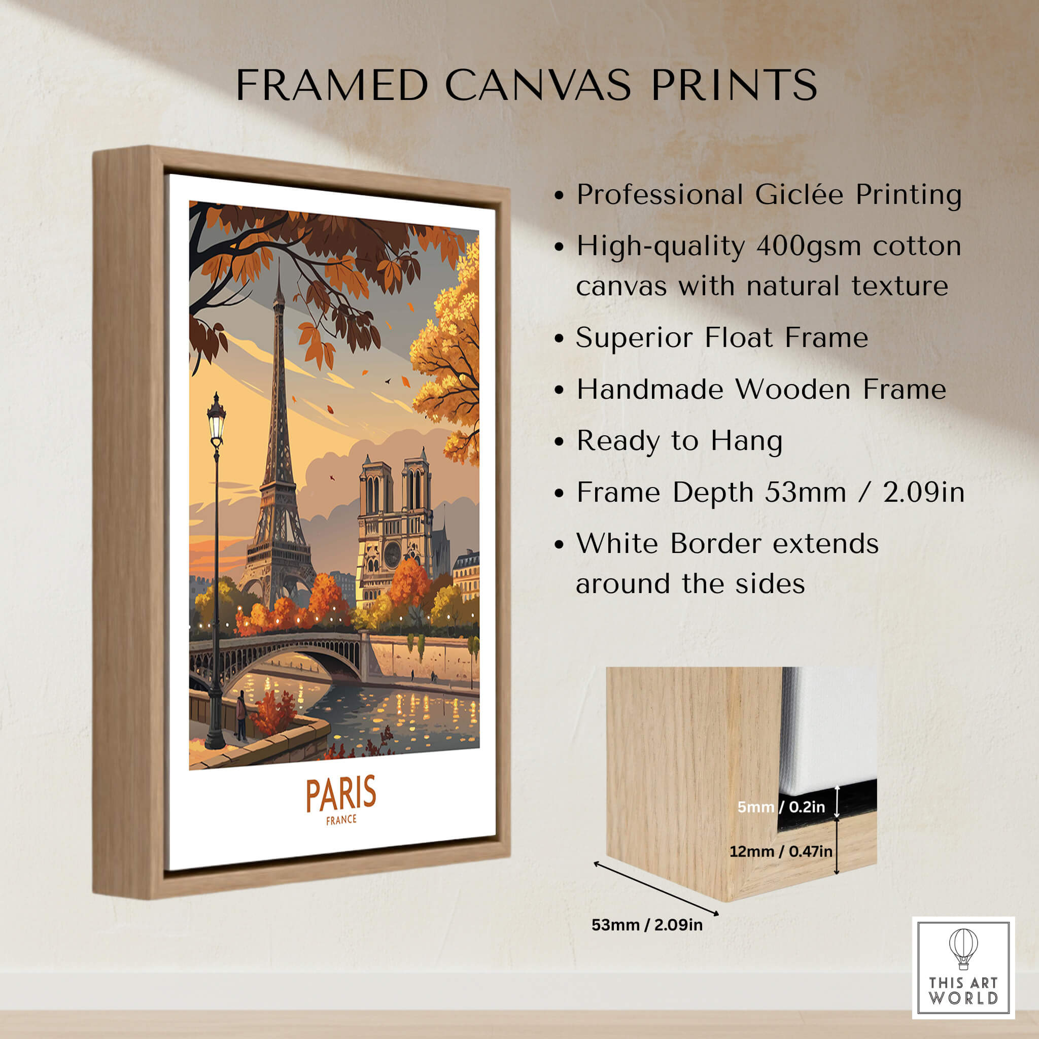 Paris France Autumn Seine River Art Print | Eiffel Tower and Notre Dame Poster in a wooden frame.