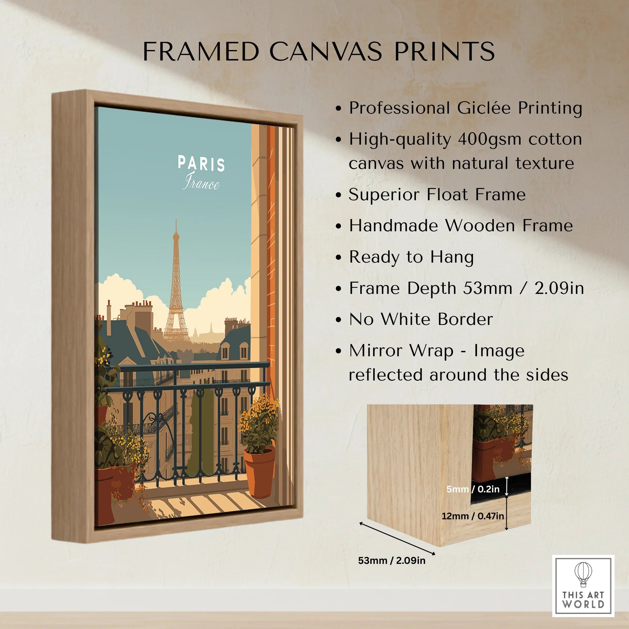 Framed canvas print of Paris with Eiffel Tower, float frame, and wood frame details shown