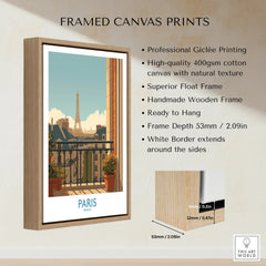 Framed canvas wall art of Paris skyline in float frame, with Eiffel Tower view and product details.