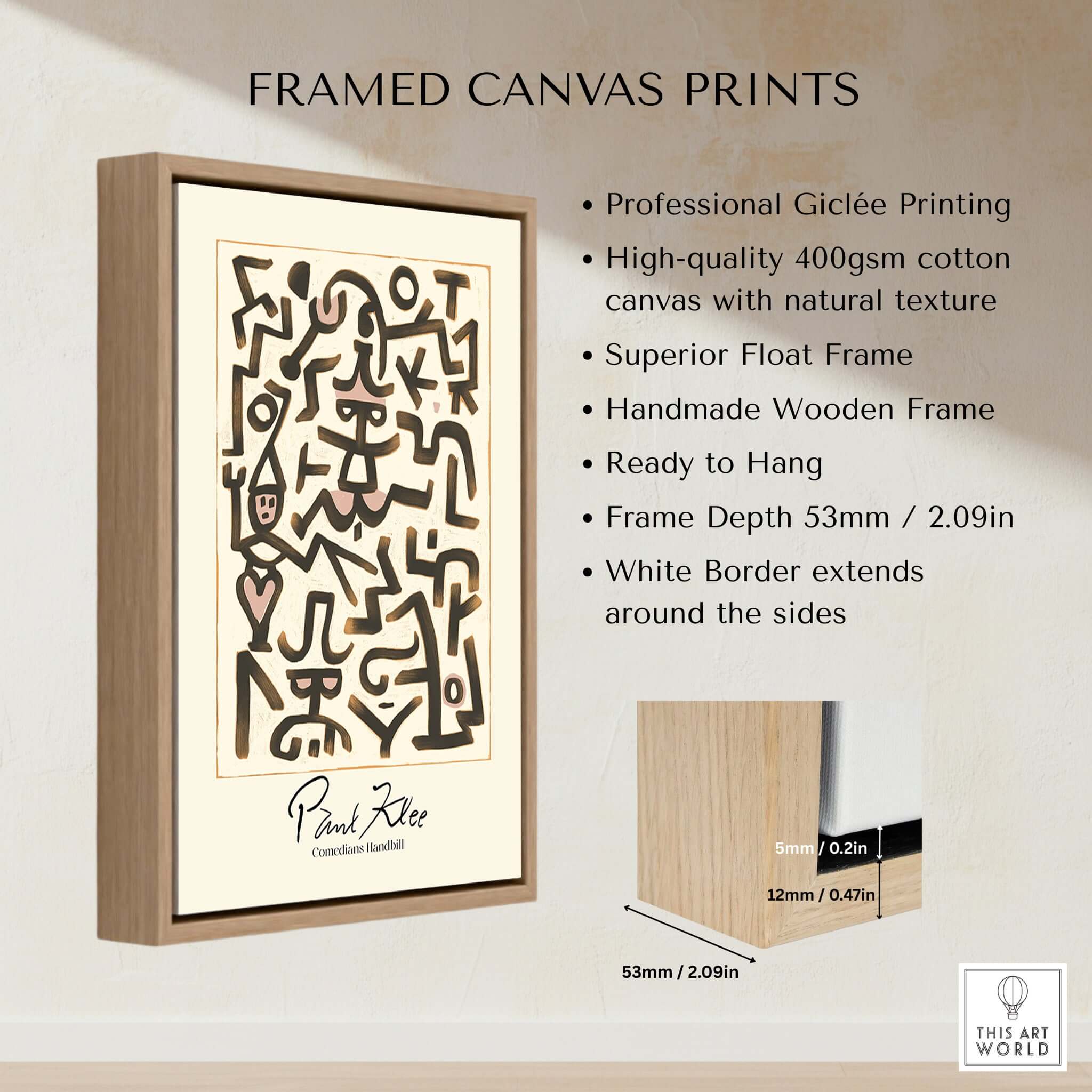 Paul Klee Comedians Handbill Abstract Figures Poster Modern Art Print displayed in a framed canvas with natural wood frame.