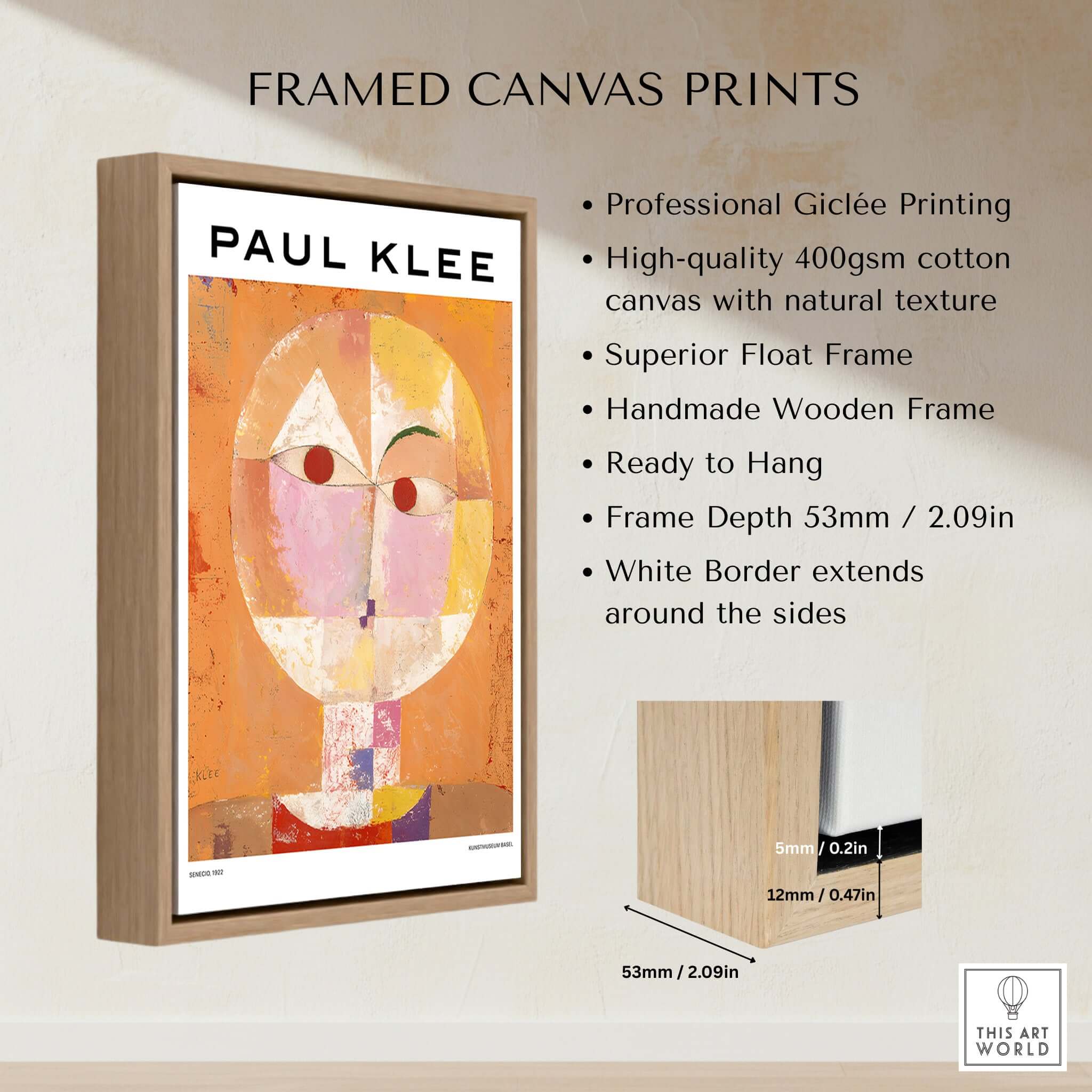Paul Klee Senecio Head of Man Abstract Portrait Poster Art Print framed in natural wood with professional giclée printing.