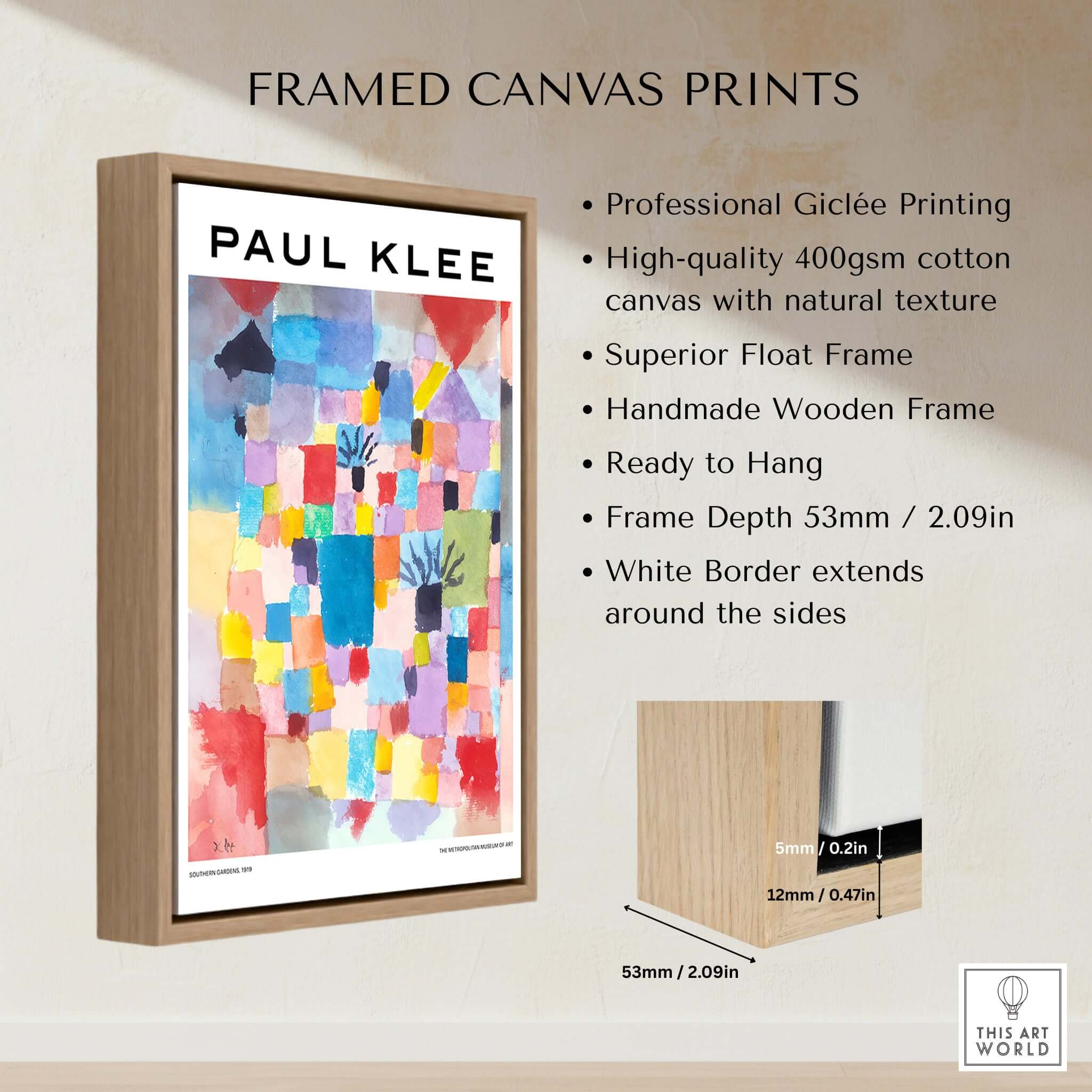 Paul Klee Southern Gardens Abstract Landscape Colorful Poster Art Print framed canvas showcasing bright colors and unique design.