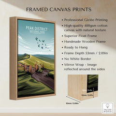 Framed canvas print of Peak District National Park landscape with float wood frame details