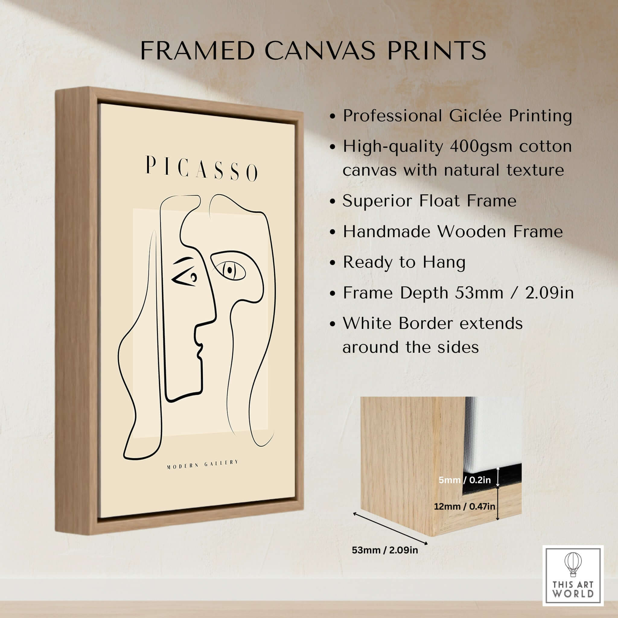 Picasso Two Faces Abstract Profiles Line Art Modern Gallery Poster Wall Art Print framed with natural wooden frame.