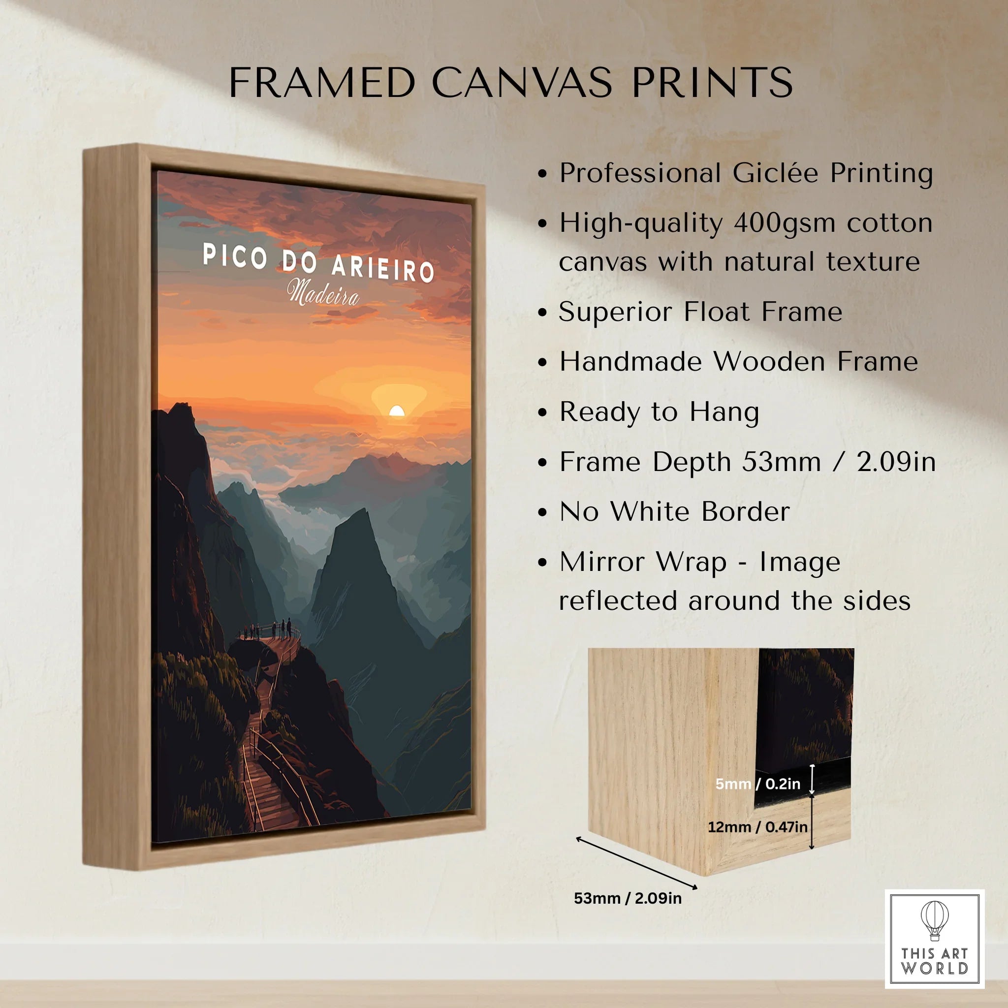 Framed canvas print of Pico do Arieiro mountain sunset with wooden float frame details.