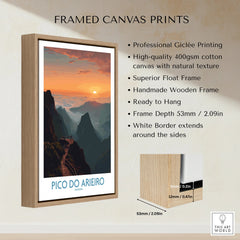 Framed canvas print of Pico do Arieiro mountain landscape at sunrise with wooden float frame.