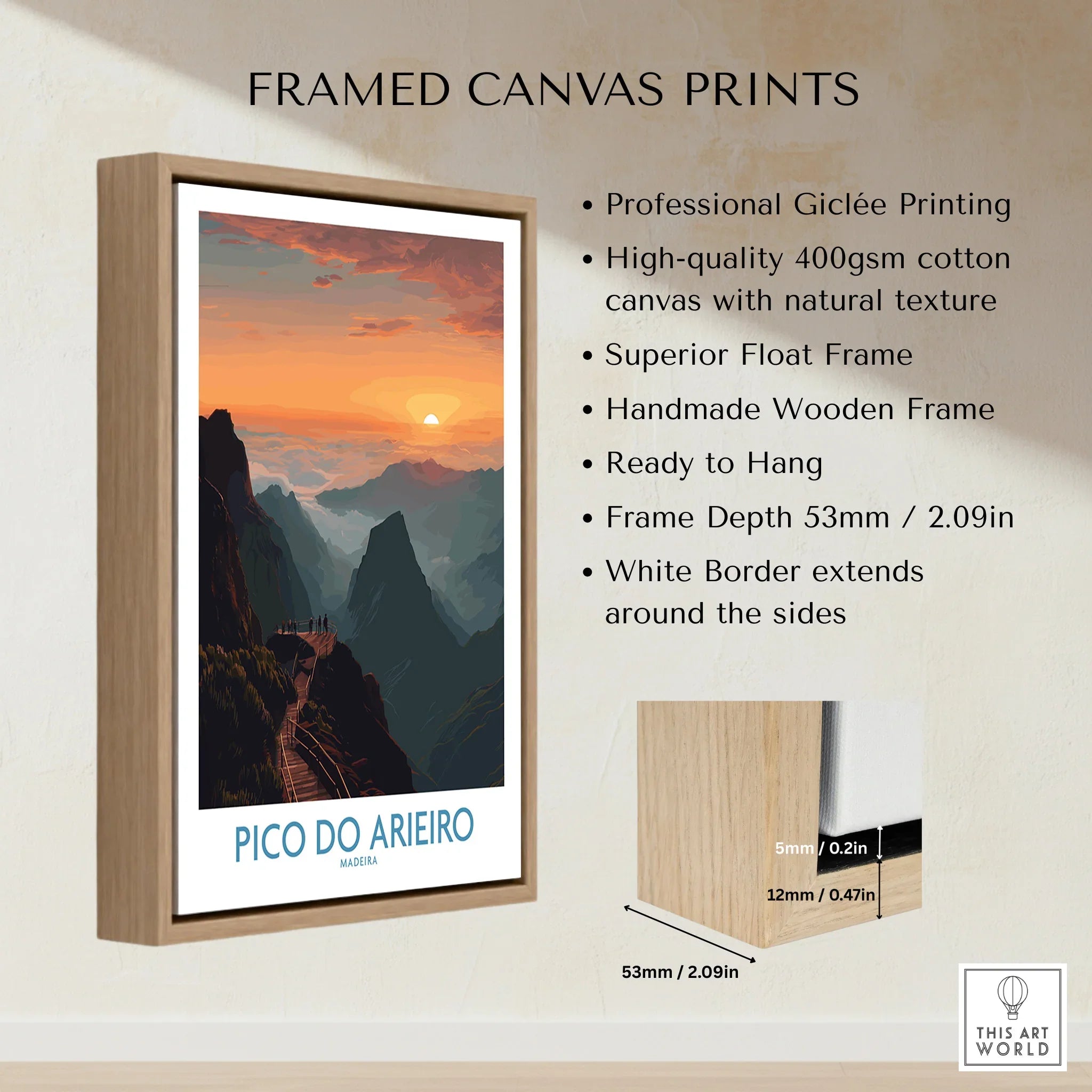 Framed canvas print of Pico do Arieiro mountain landscape at sunrise with wooden float frame.