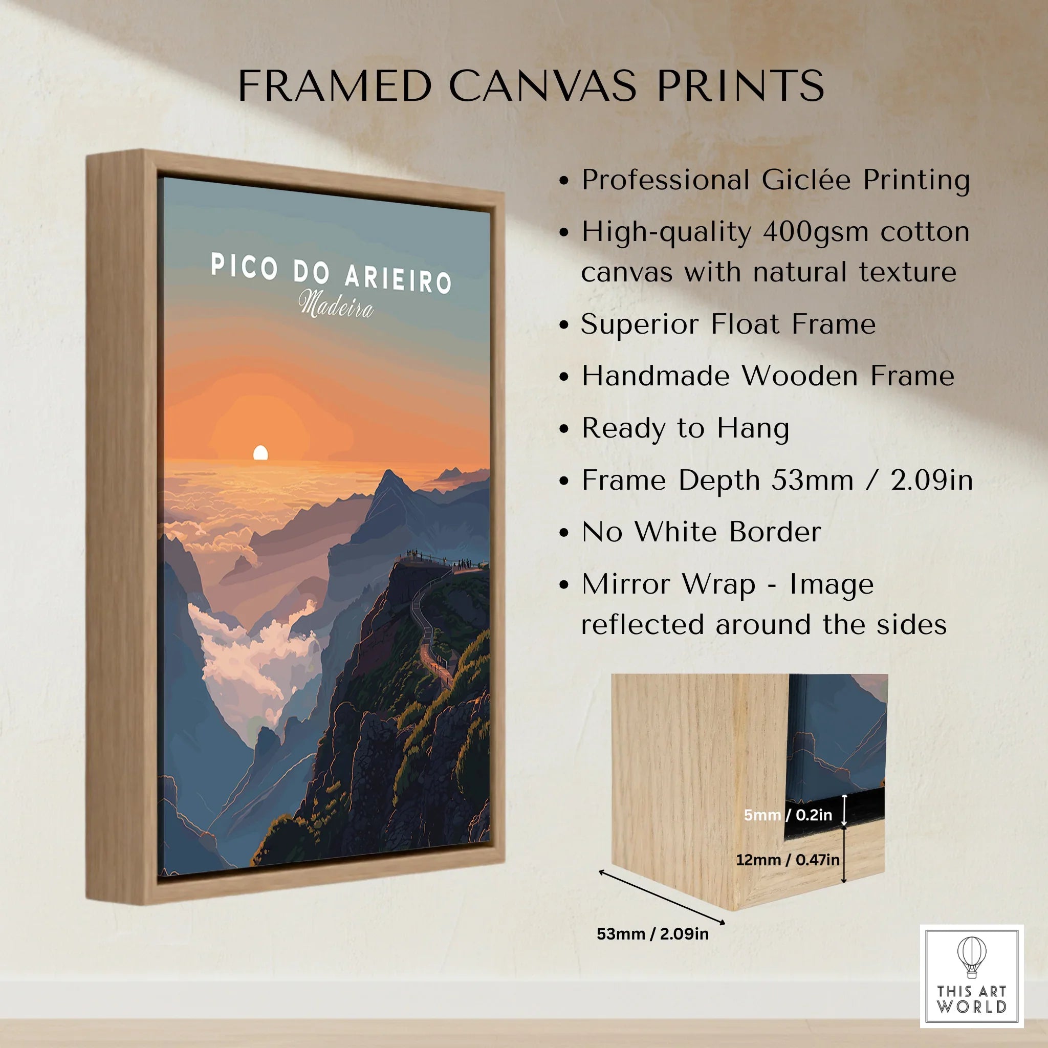 Framed canvas print of Pico do Arieiro Madeira mountain landscape at sunrise with float frame details