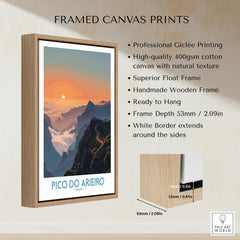 Framed canvas print of Pico do Arieiro mountain at sunrise with float wooden frame details