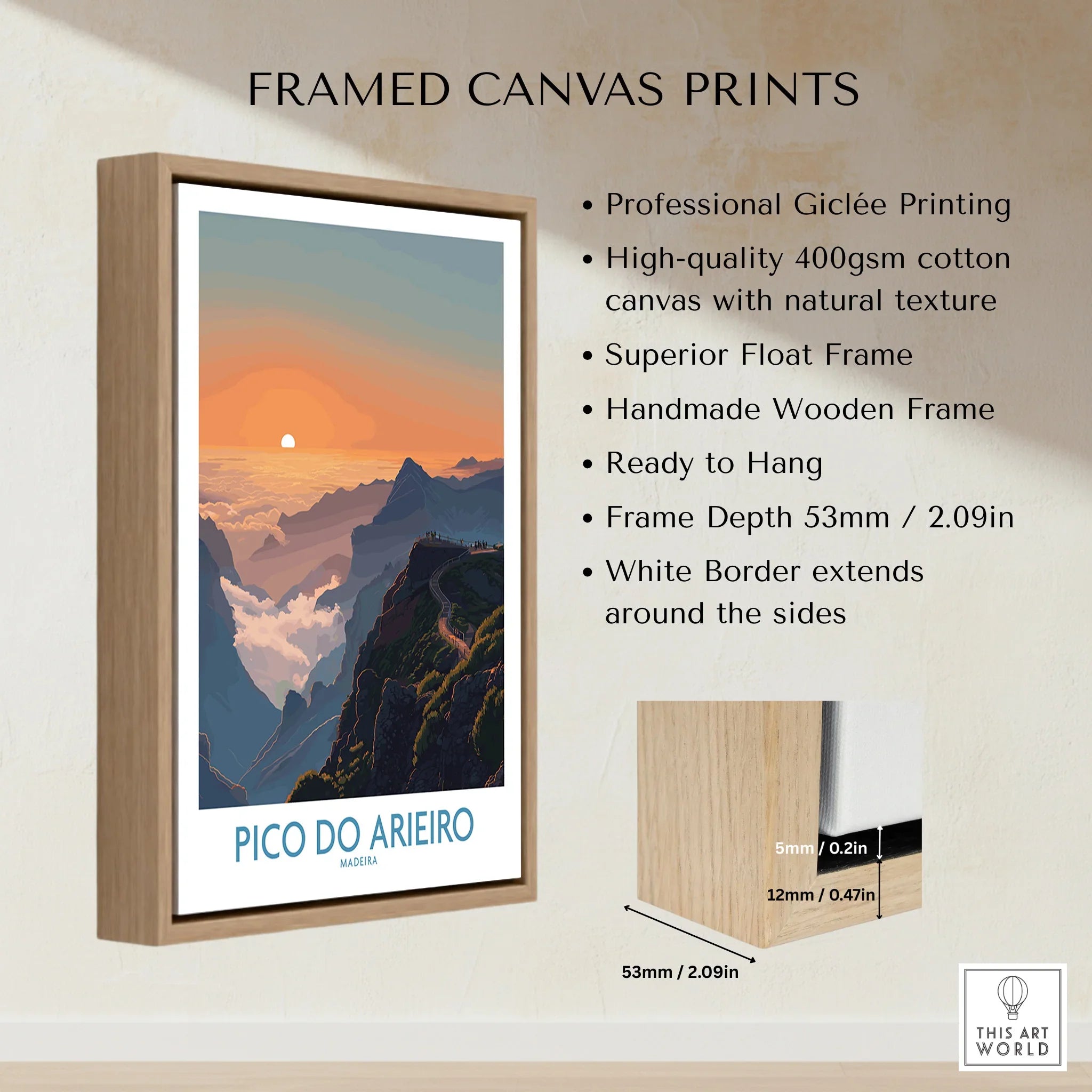 Framed canvas print of Pico do Arieiro mountain at sunrise with float wooden frame details