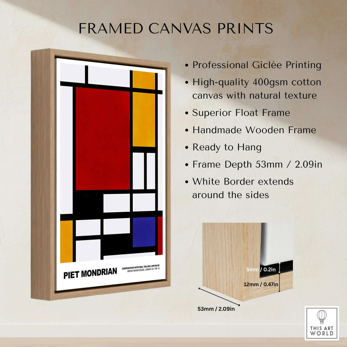 Piet Mondrian Composition Red Yellow Blue 1939 De Stijl Poster Geometric Abstract Print on framed canvas.