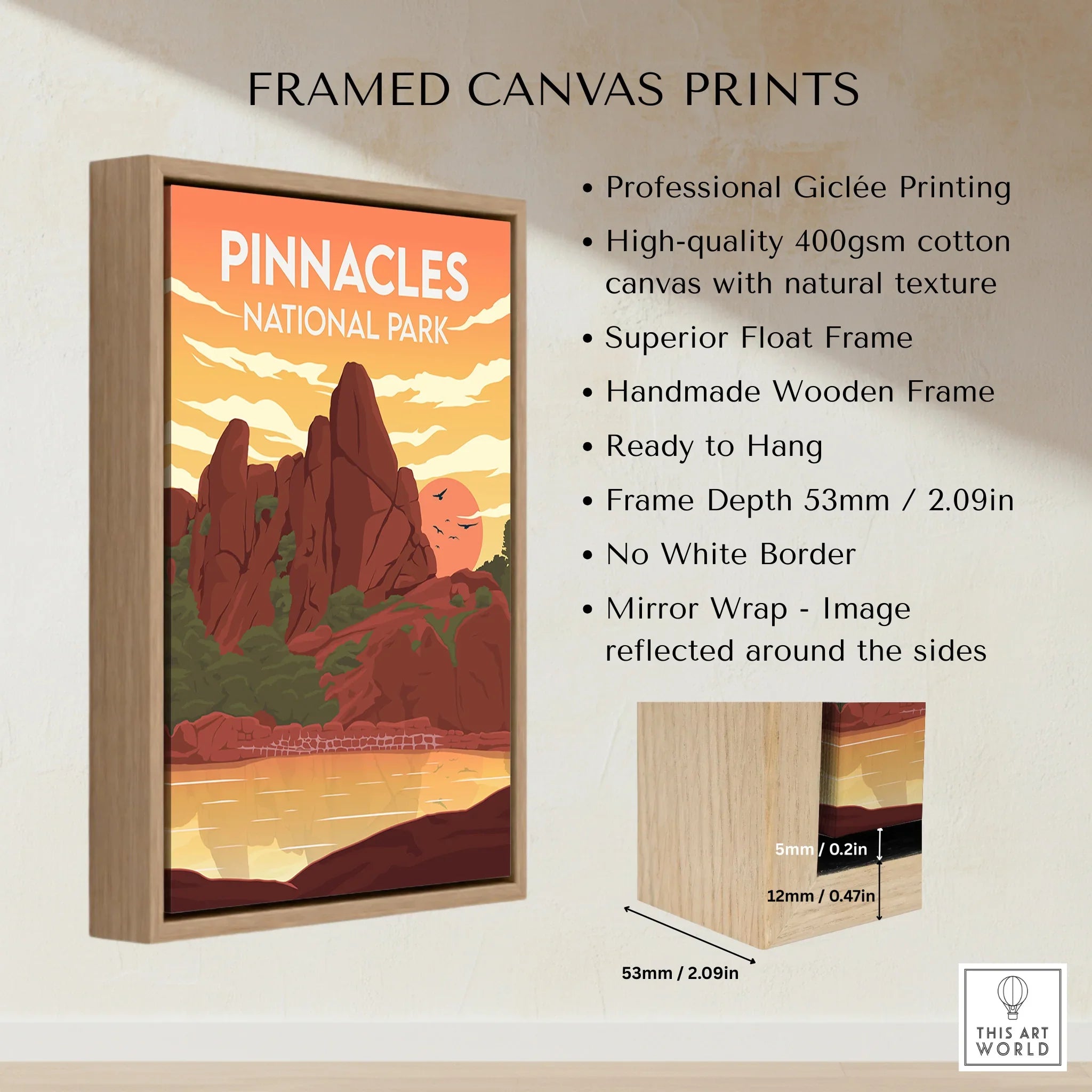 Framed canvas print of Pinnacles National Park with float frame, wooden details, and sizing info