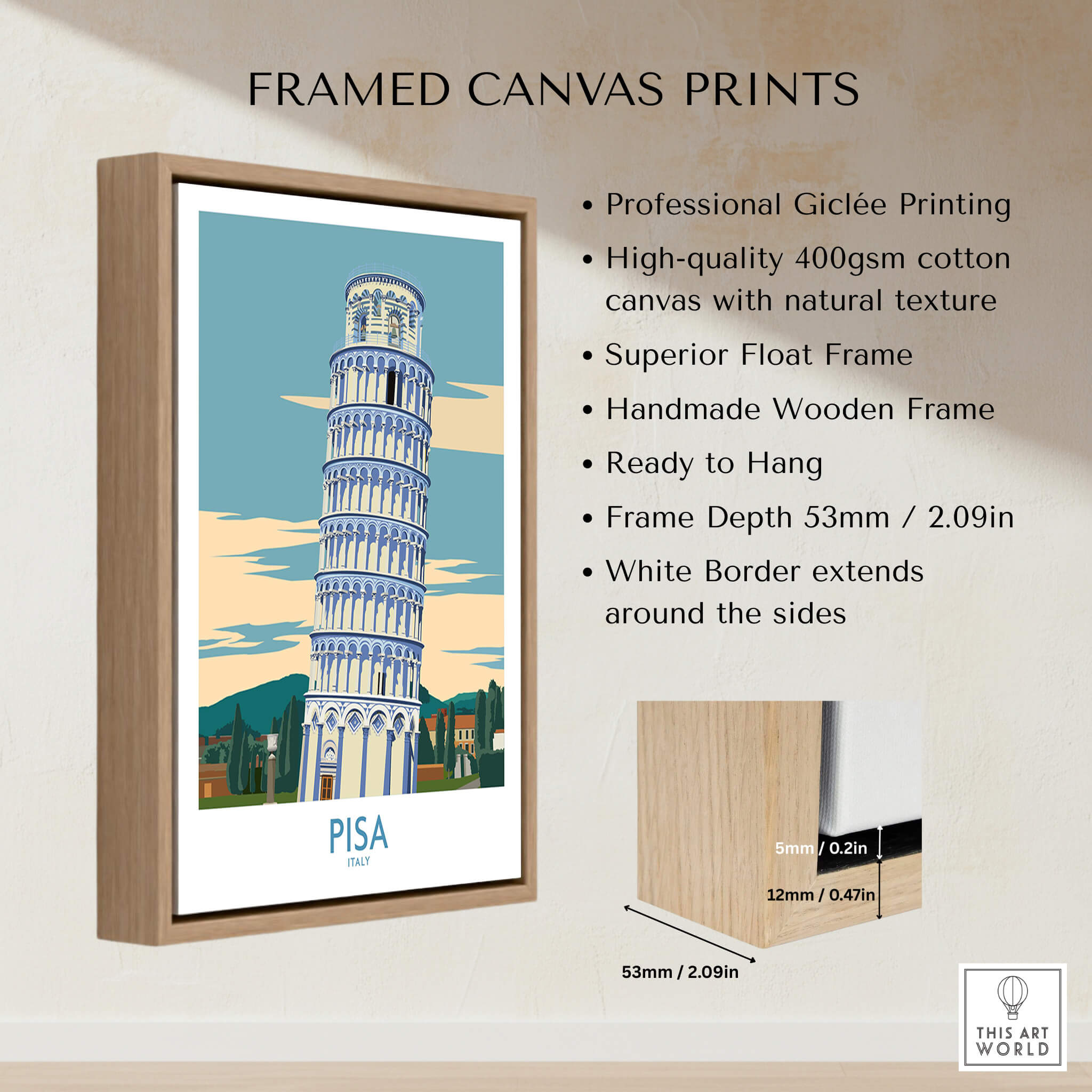 Pisa Wall Art Print | Italy Travel Poster framed canvas print showcasing the leaning tower of Pisa.
