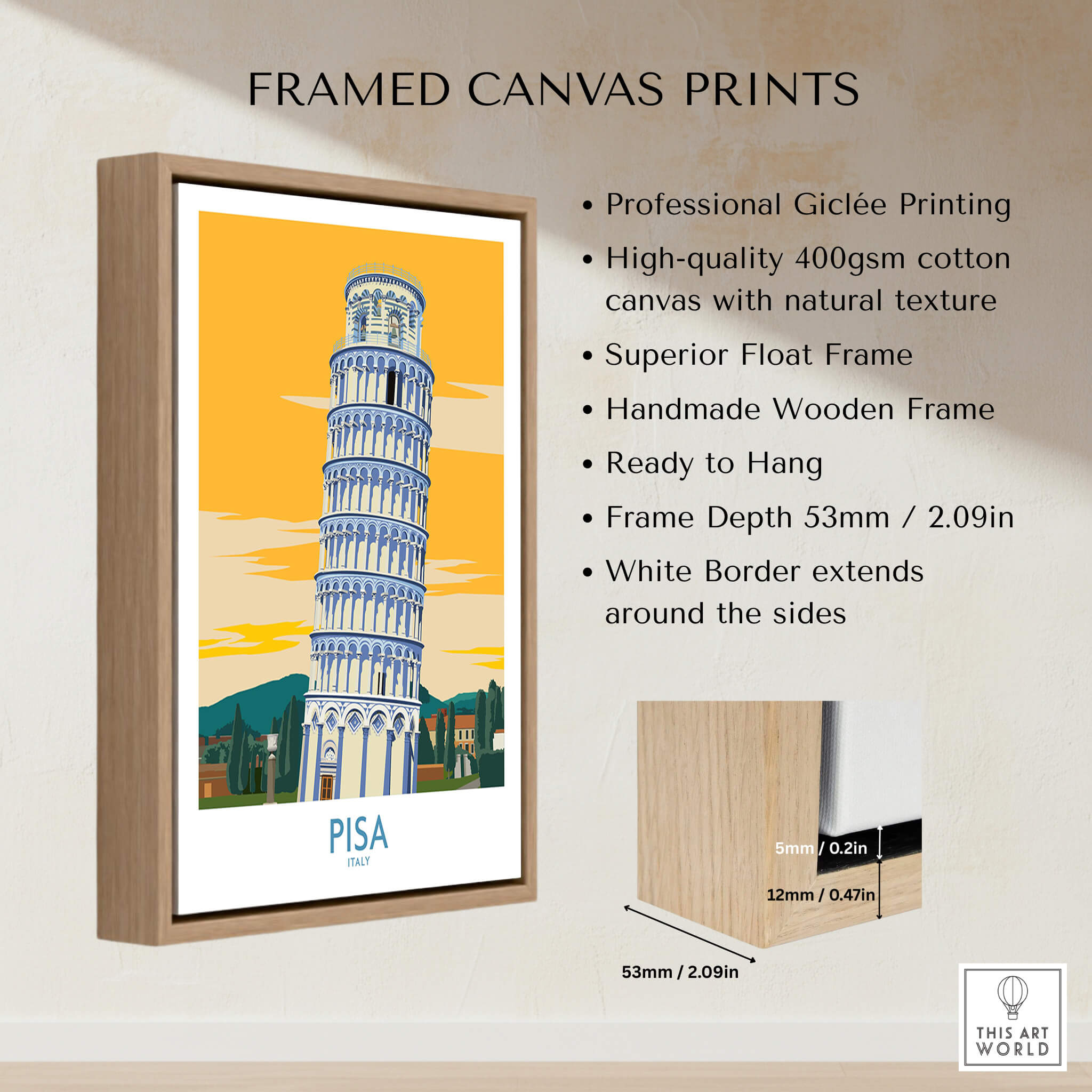 Pisa Tower Italy Print framed canvas print showcasing the iconic leaning tower with a white border.