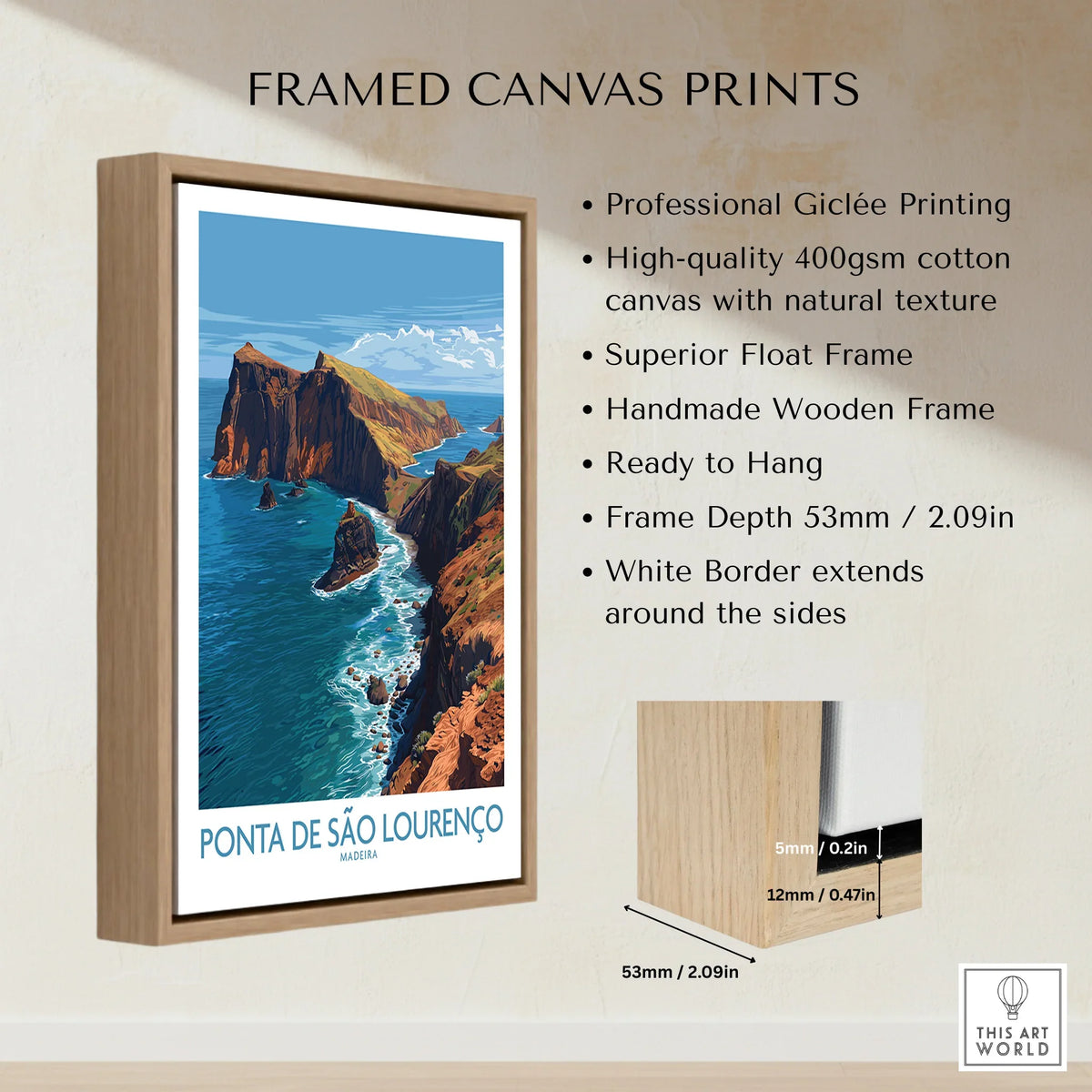 Framed canvas print of Ponta de São Lourenço Madeira with float frame and quality details