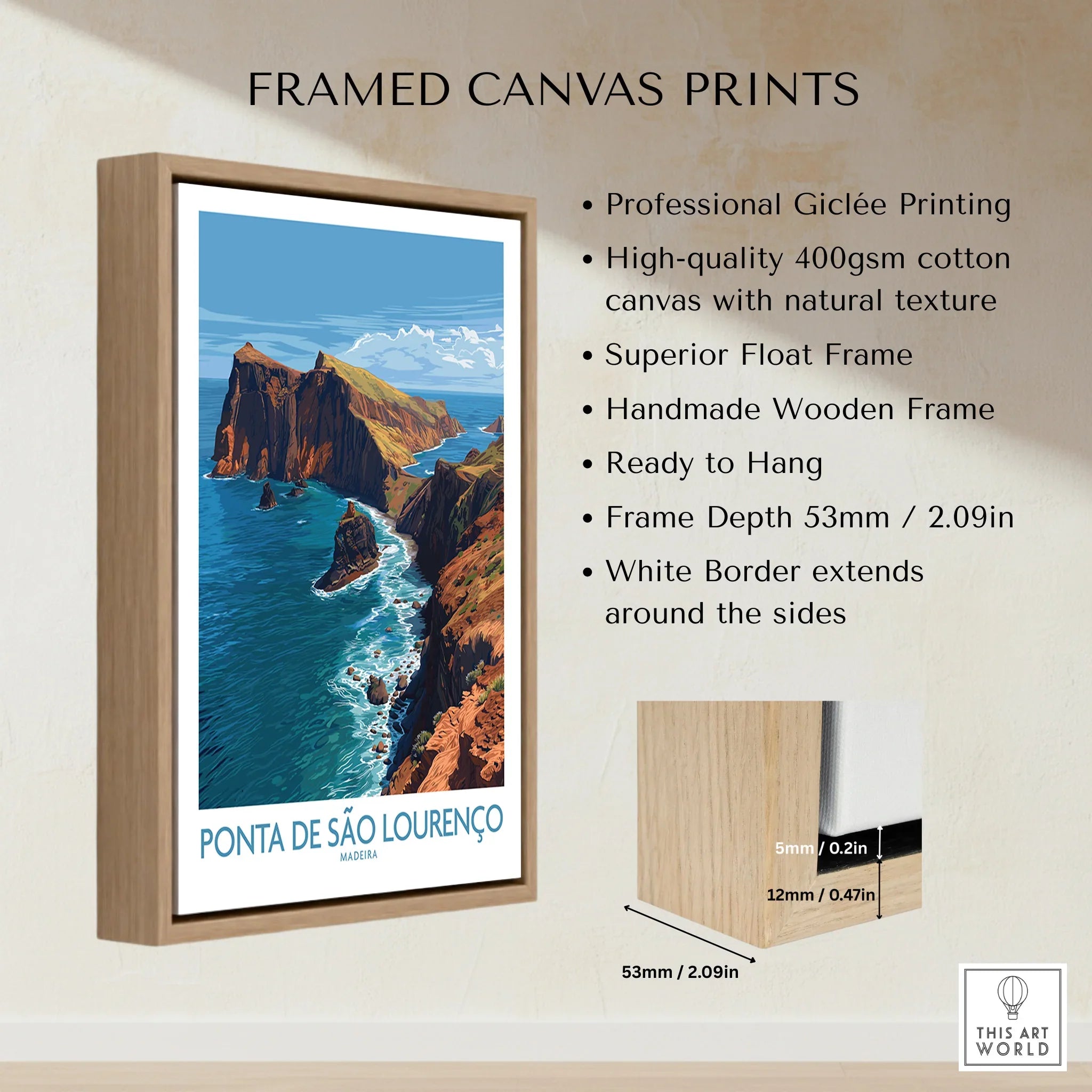 Framed canvas print of Ponta de São Lourenço Madeira with float frame and quality details