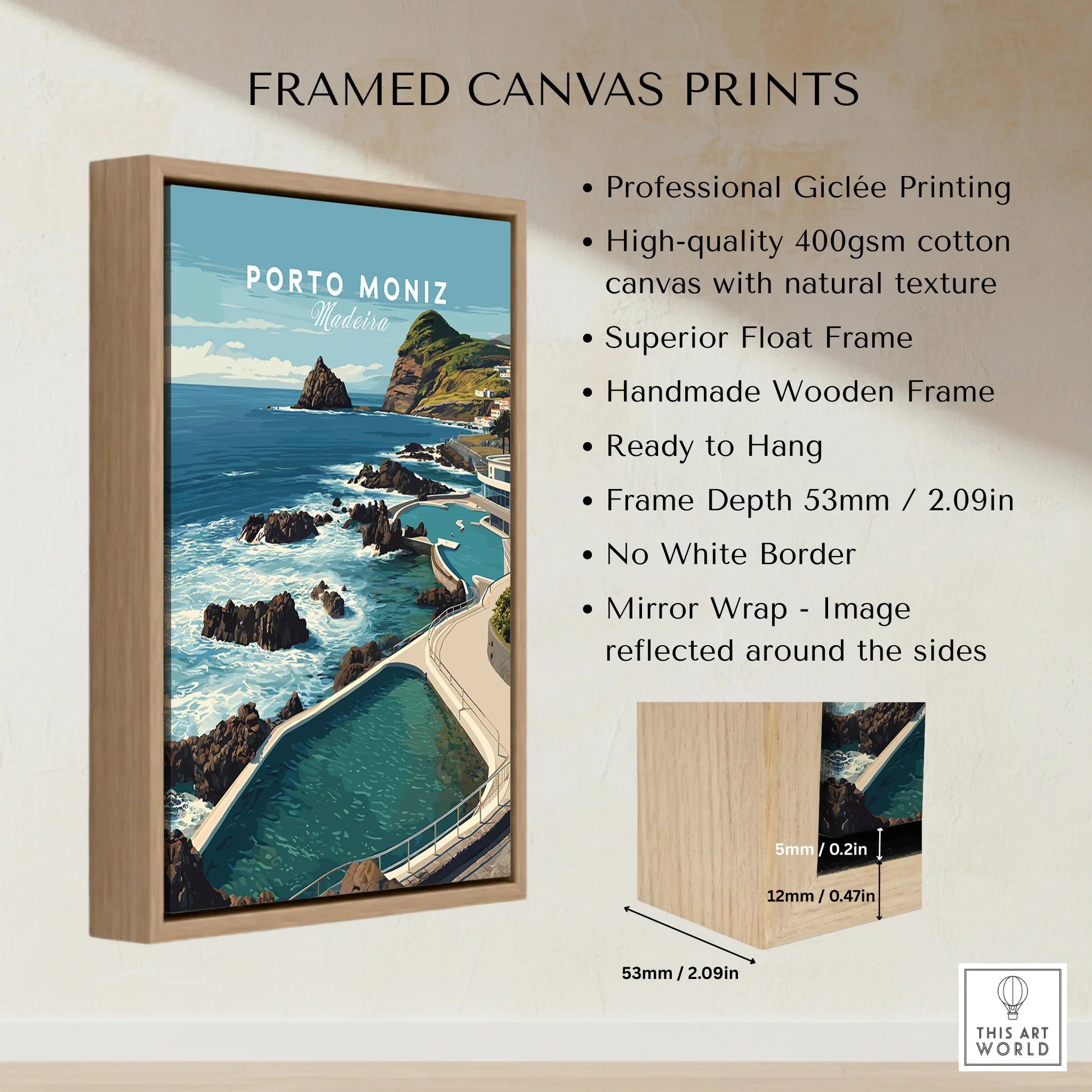 Framed Porto Moniz Madeira travel art print with ocean view and wooden float frame details