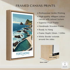Framed Porto Moniz Madeira travel poster print with float frame, ocean pool and rocky coast.