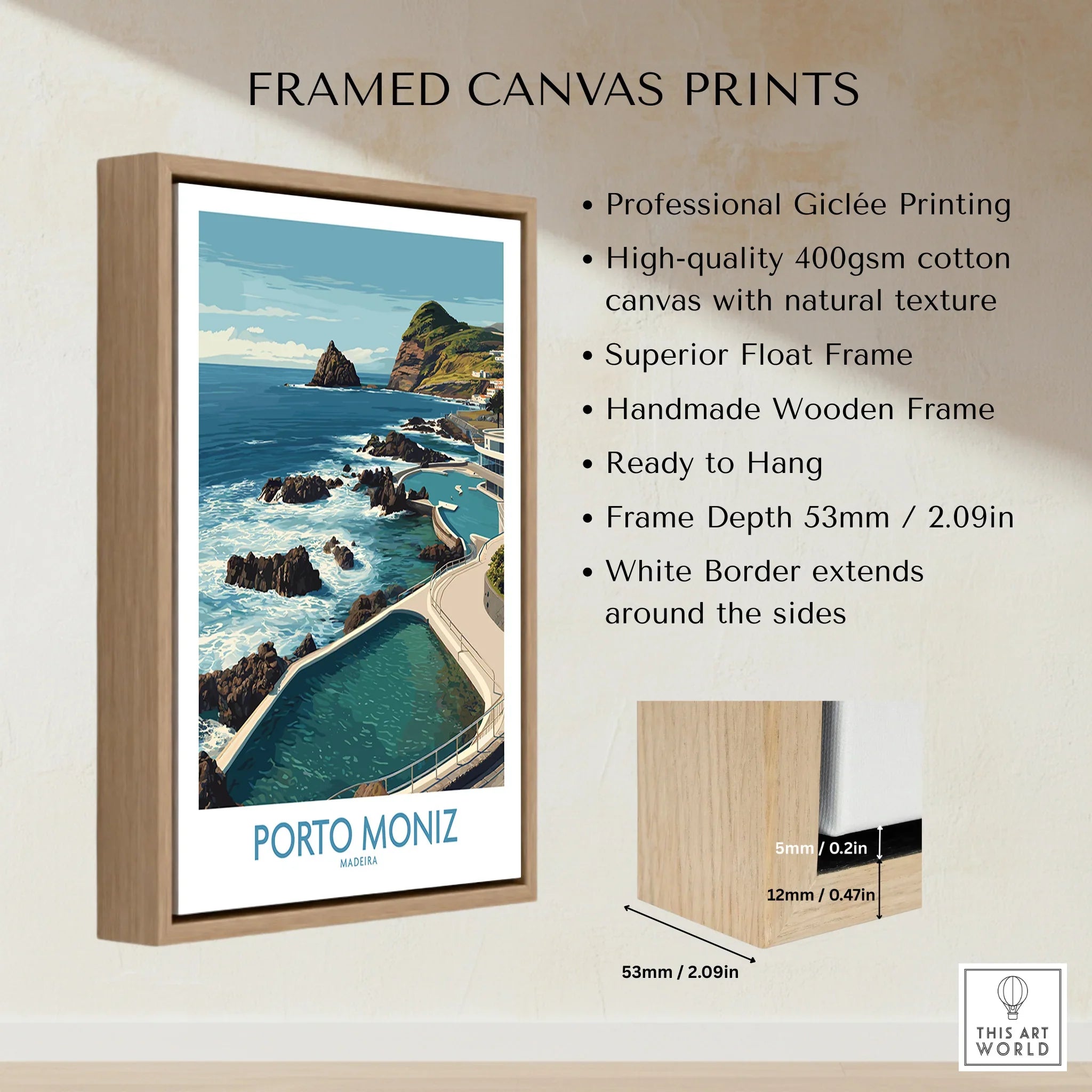 Framed Porto Moniz Madeira travel poster print with float frame, ocean pool and rocky coast.