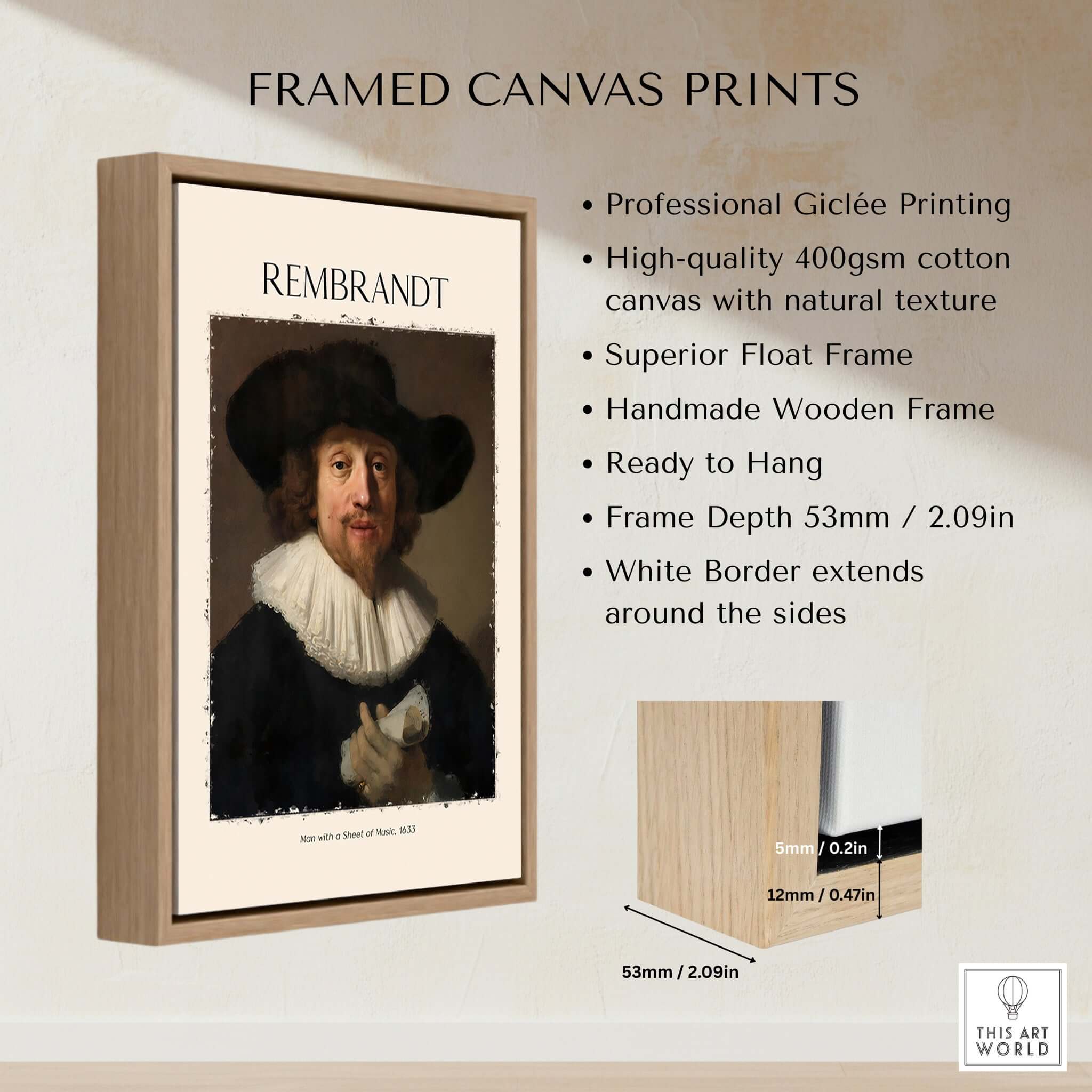 Rembrandt Man with Sheet Music 1633 Portrait Art Print Dutch Master Poster framed canvas print with natural texture