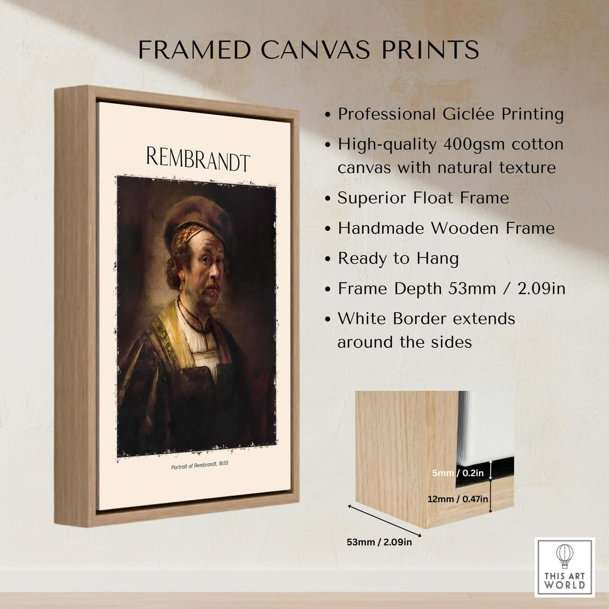Rembrandt Self Portrait 1650 Dutch Master Painter Art Print Poster Wall Decor framed canvas print with natural texture