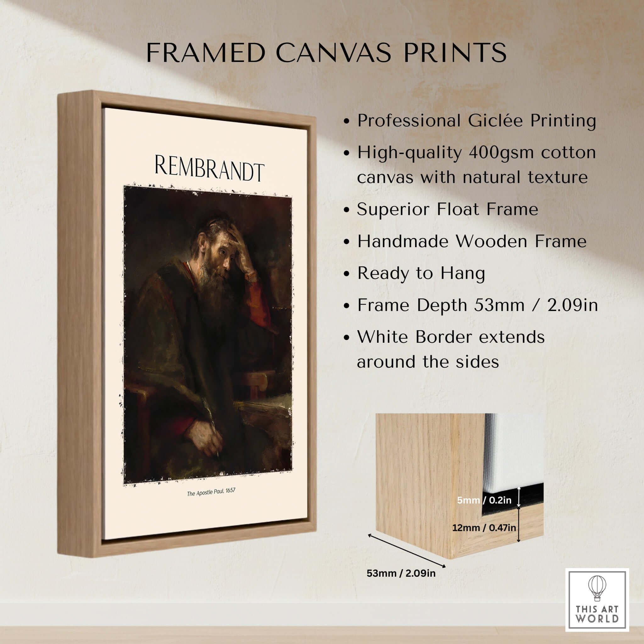 Framed canvas print of Rembrandt The Apostle Paul 1657 Religious Art Print Baroque Painting Poster with natural texture.