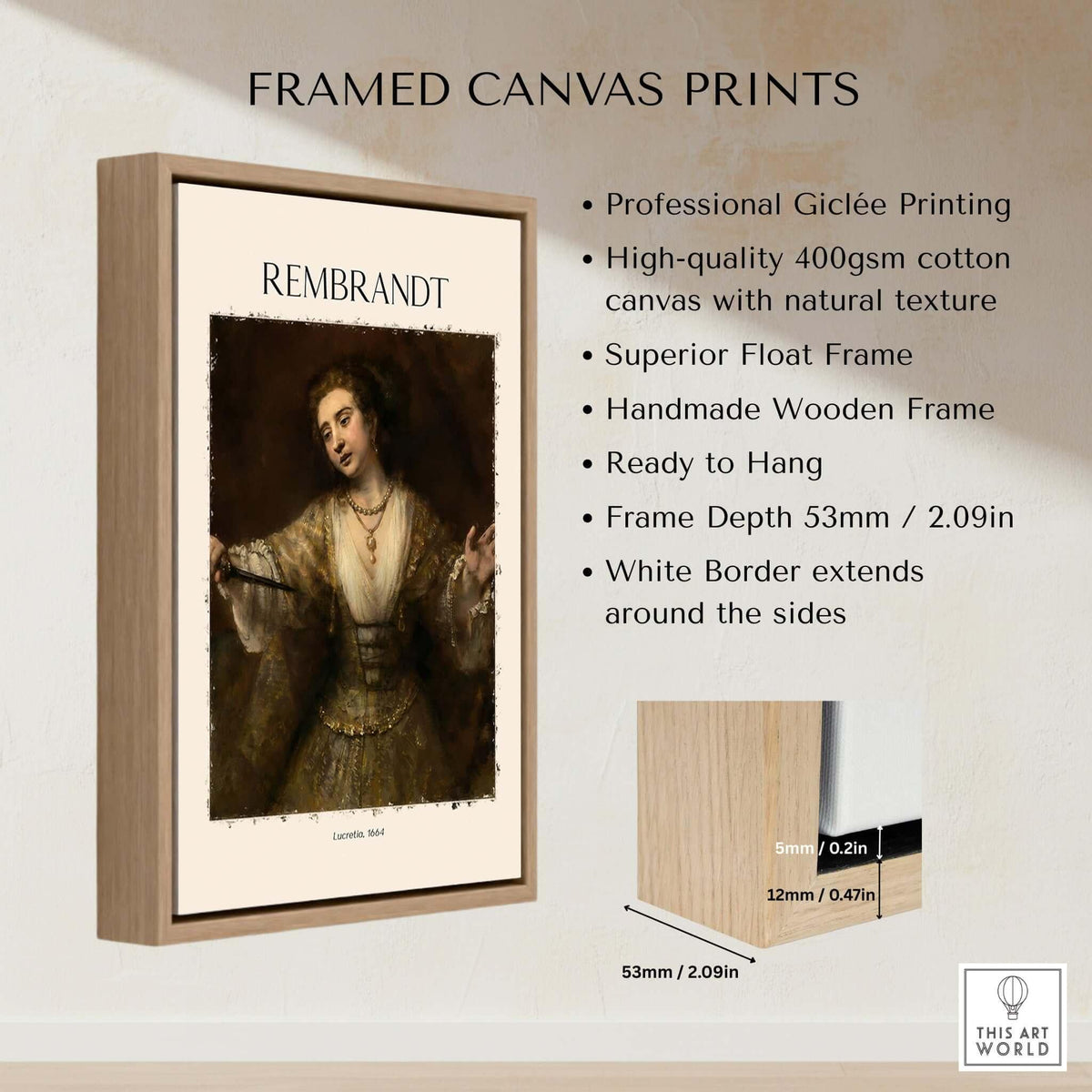 Rembrandt Lucretia 1664 Painting Art Print Baroque Historical Poster Wall Decor framed canvas print with natural texture