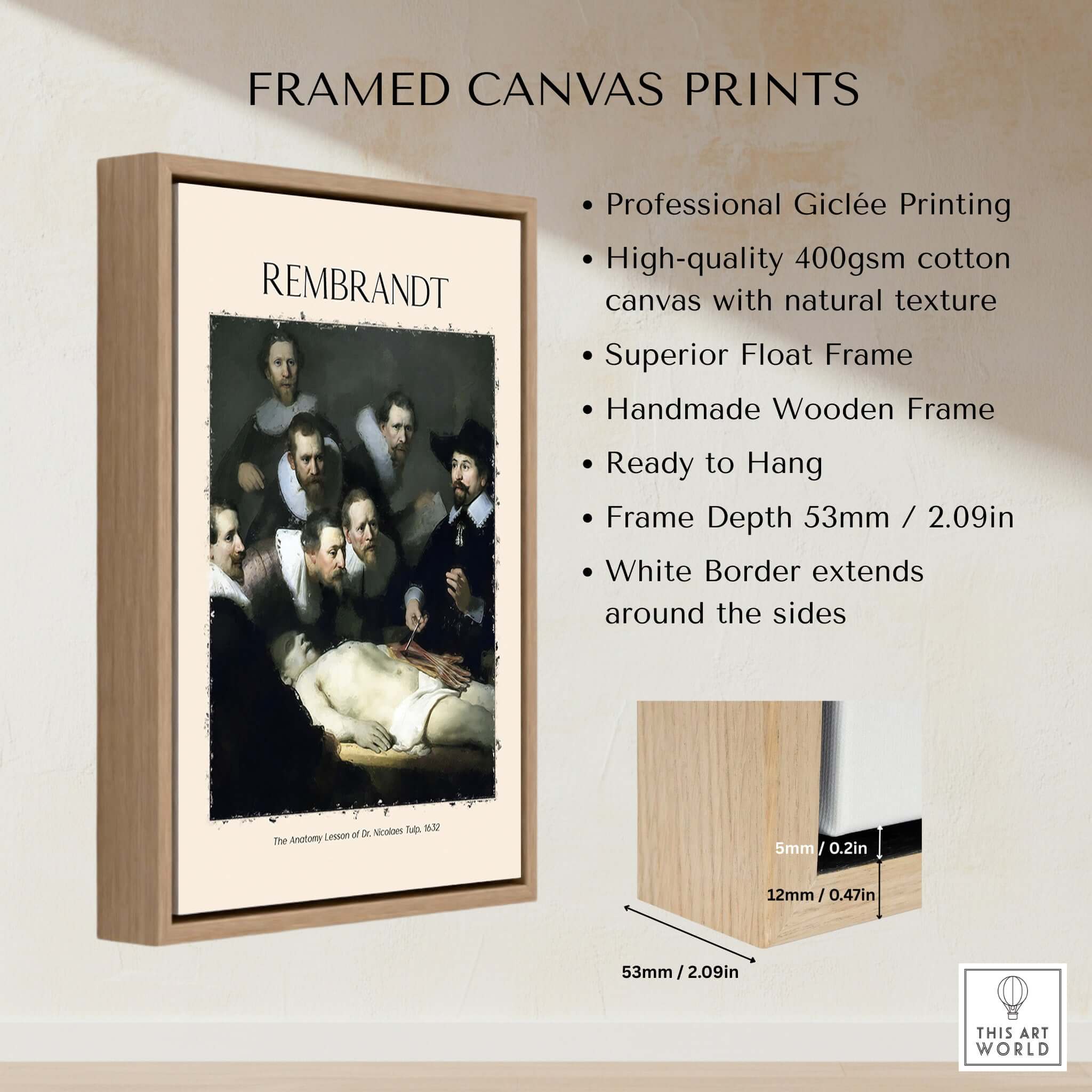 Framed canvas print of Rembrandt's 'The Anatomy Lesson of Dr. Tulp', featuring Giclée printing and wooden frame.