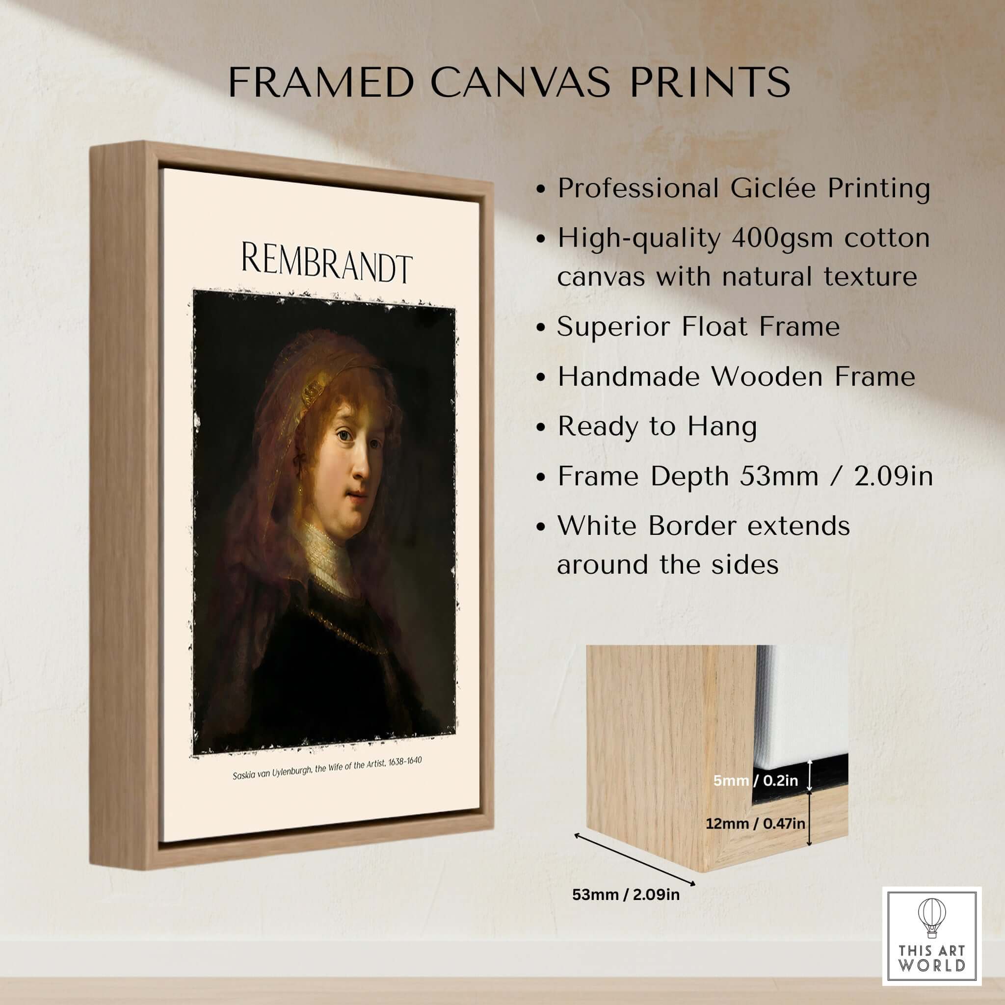 Framed canvas print of Rembrandt's portrait, featuring high-quality giclée printing and a handmade wooden frame.