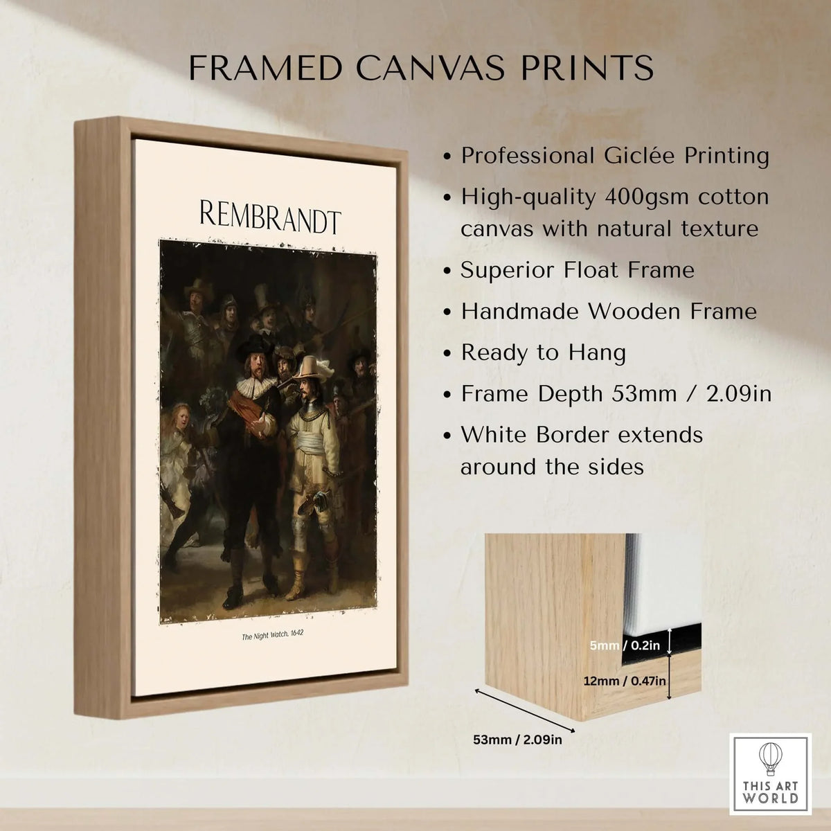Rembrandt The Night Watch 1642 Famous Dutch Master Painting Art Print Poster framed canvas print with natural texture.