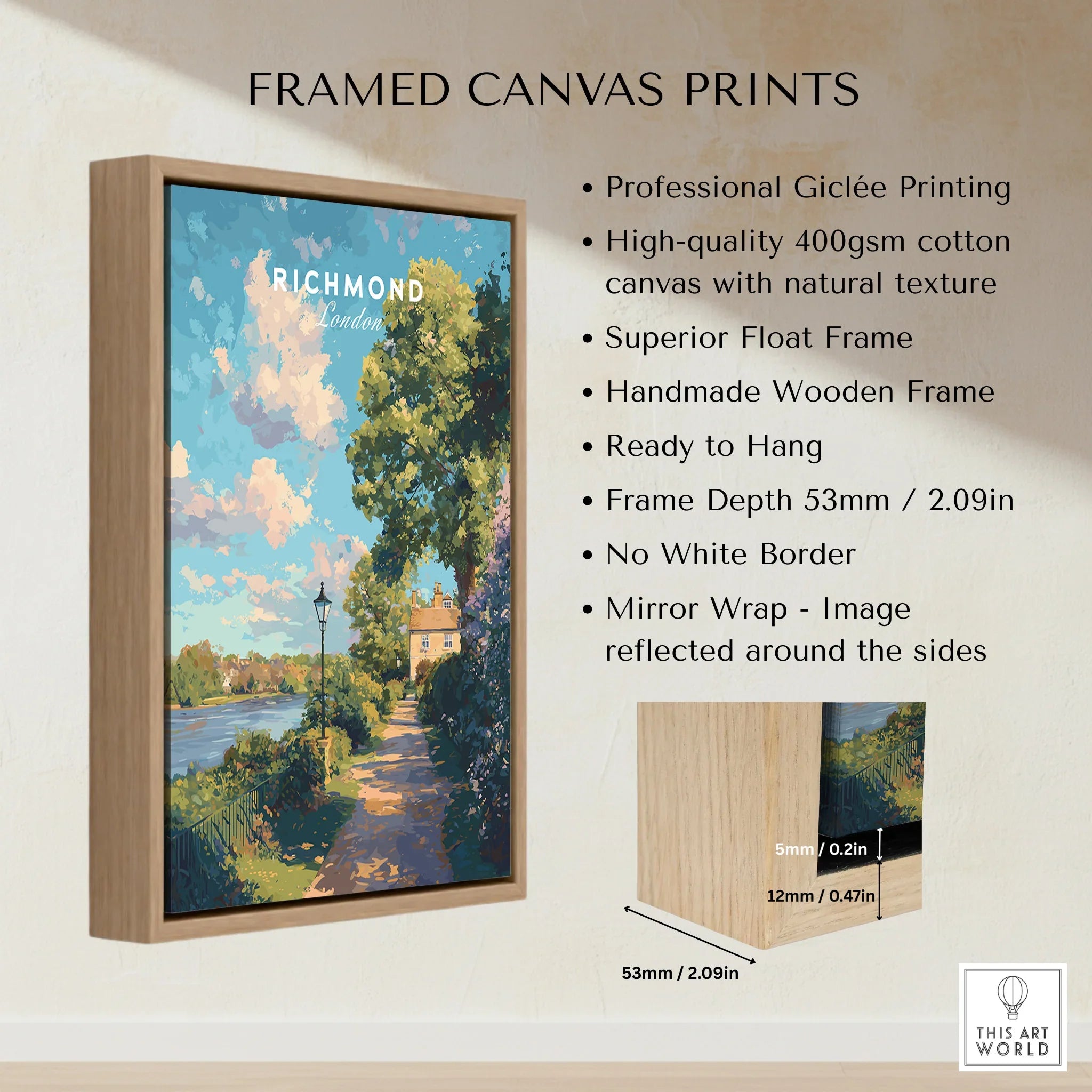 Framed canvas print with London landscape, wooden float frame, and wall art decor details.