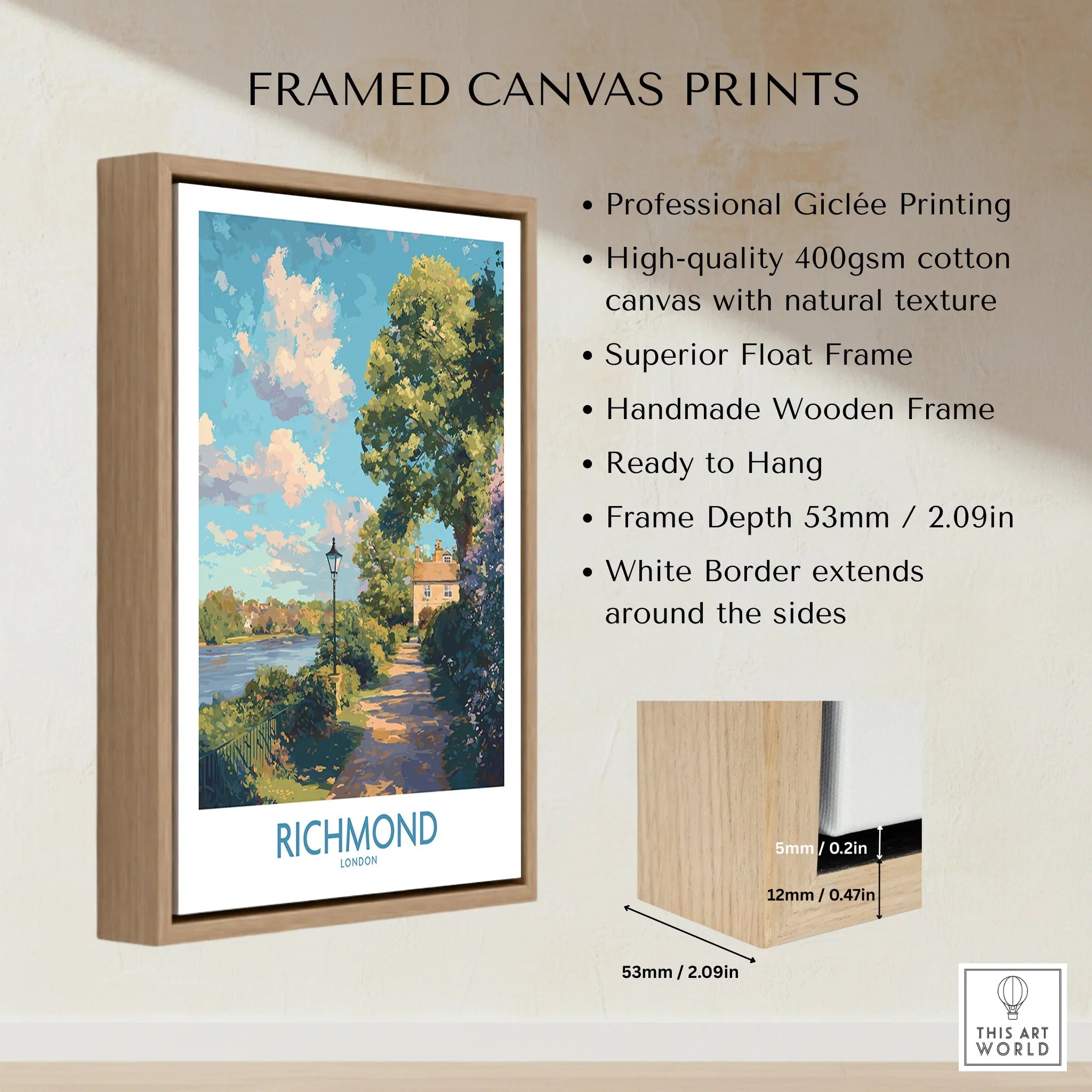 Framed canvas print of Richmond London landscape with float wooden frame and white border details