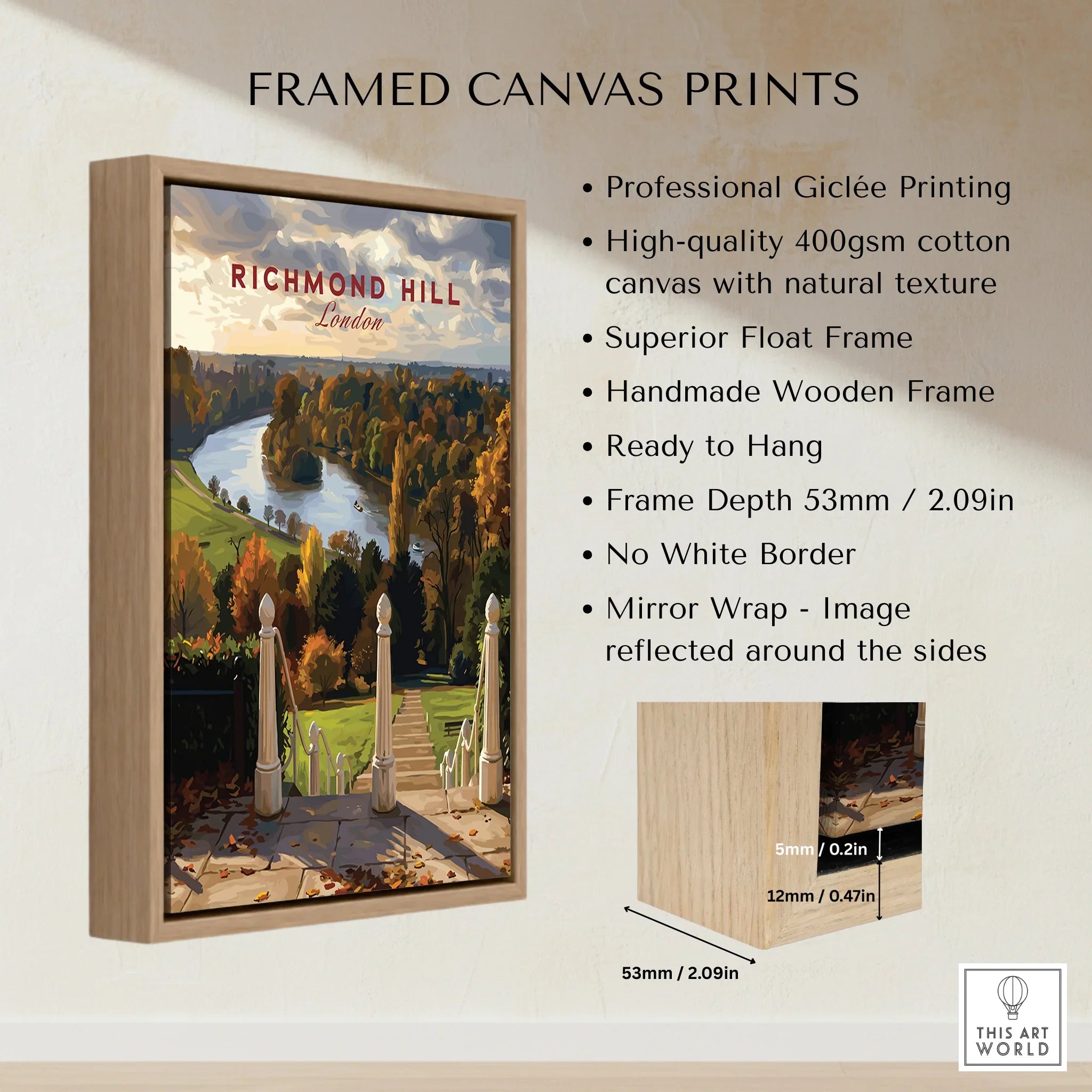 Framed canvas print of Richmond Hill London landscape with float frame details, wall art décor