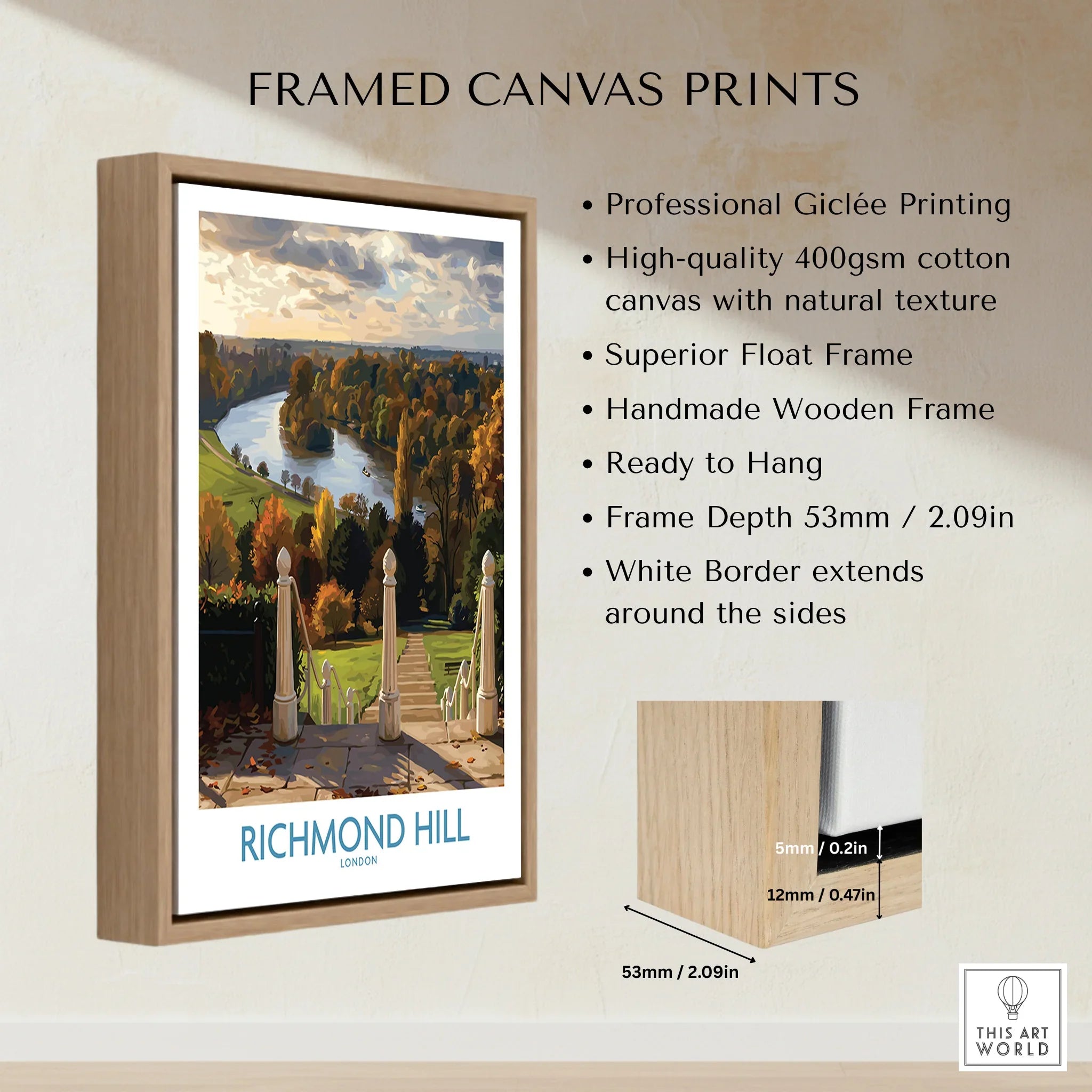 Richmond Hill London framed canvas print with float frame, scenic landscape wall art, wooden border.
