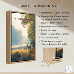 Framed Richmond Park canvas print with deer and sunrise, float frame, wall art details shown.