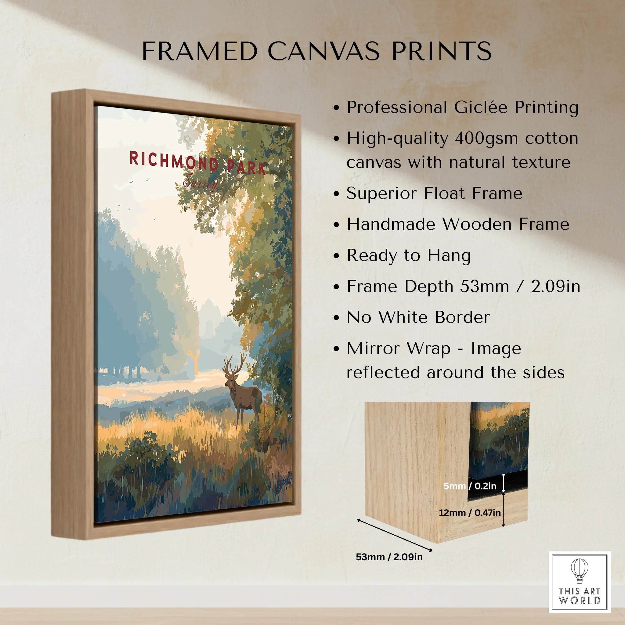 Framed Richmond Park canvas print with deer and sunrise, float frame, wall art details shown.